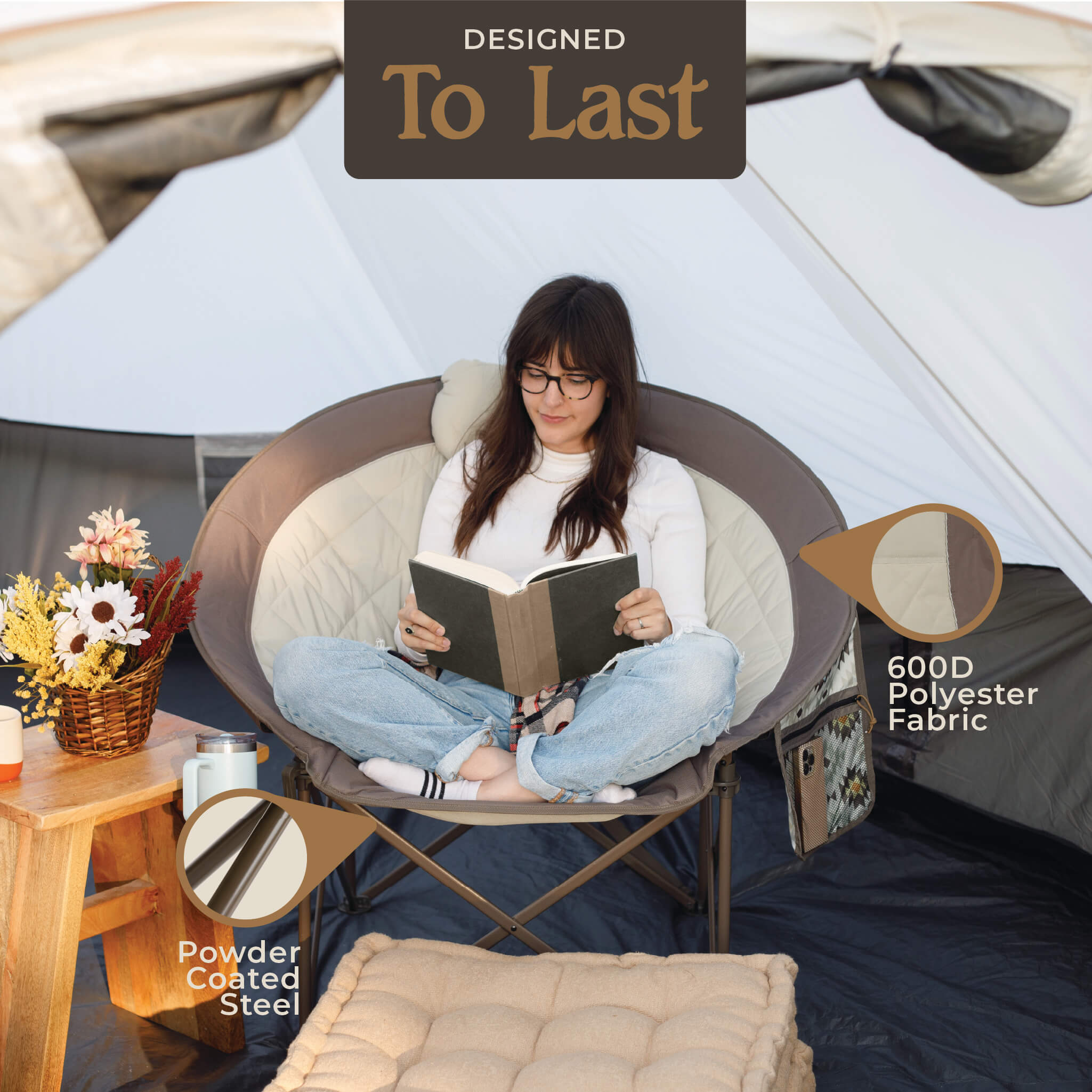 Camper reading in CORE beige and brown chair with padded seat, 600D polyester fabric, and powder-coated steel frame.
