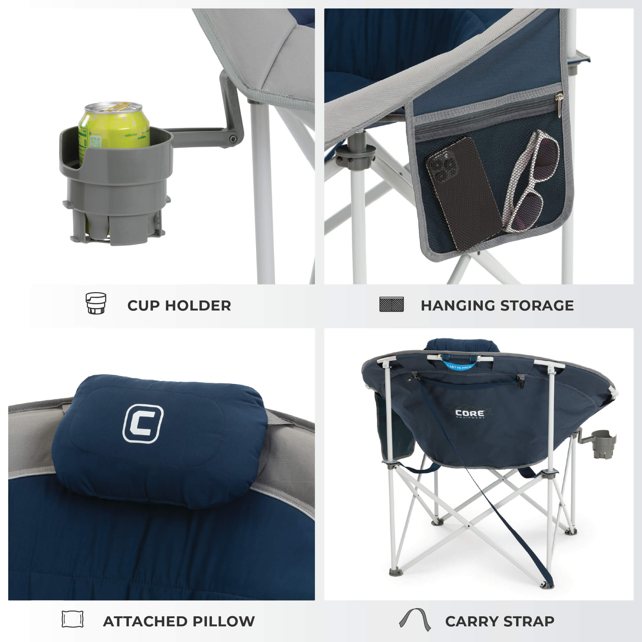 The CORE blue moon chair features a cup holder, hanging storage pocket, attached pillow, and carry strap.