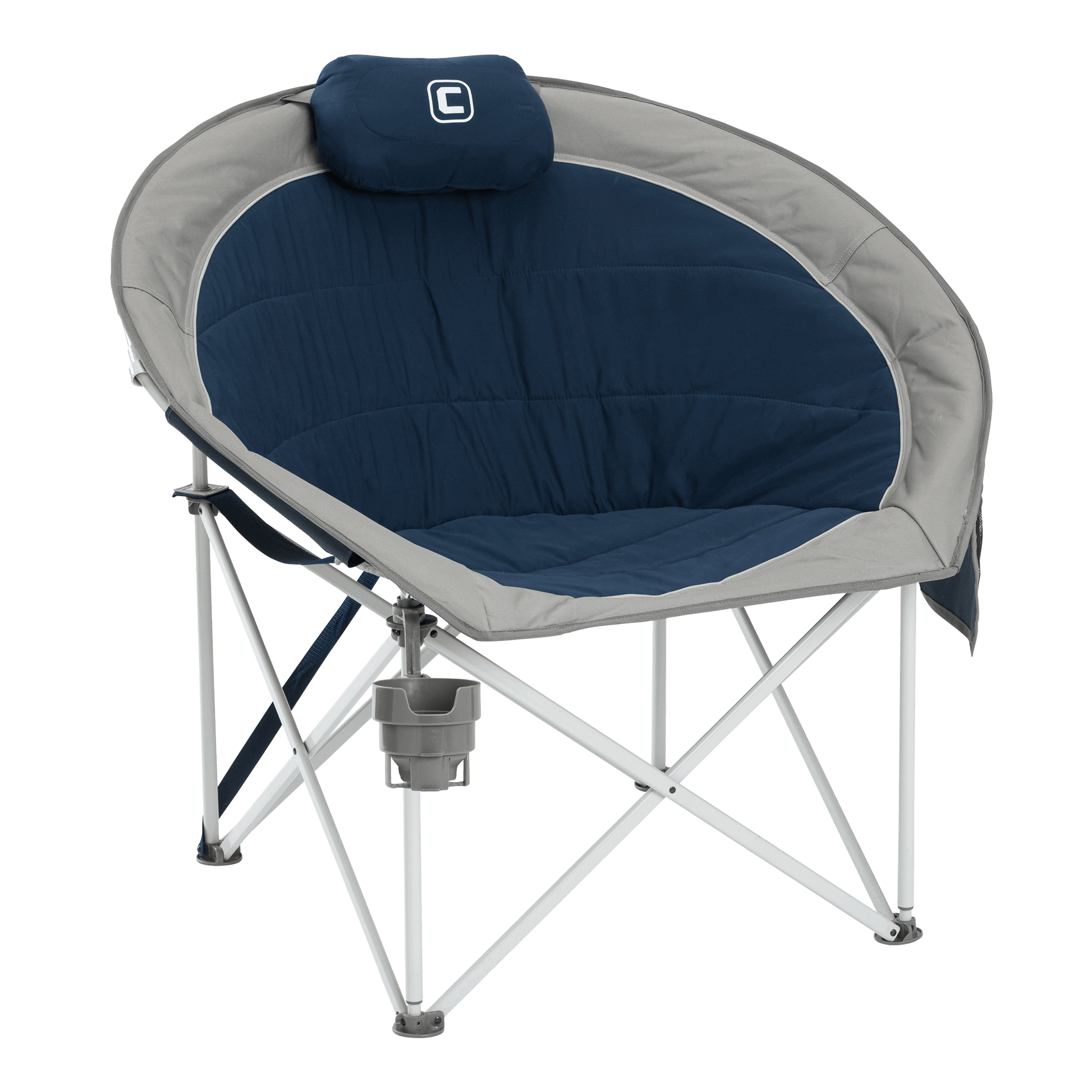 CORE blue moon chair with padded seat, attached pillow, and cup holder on a steel folding frame.