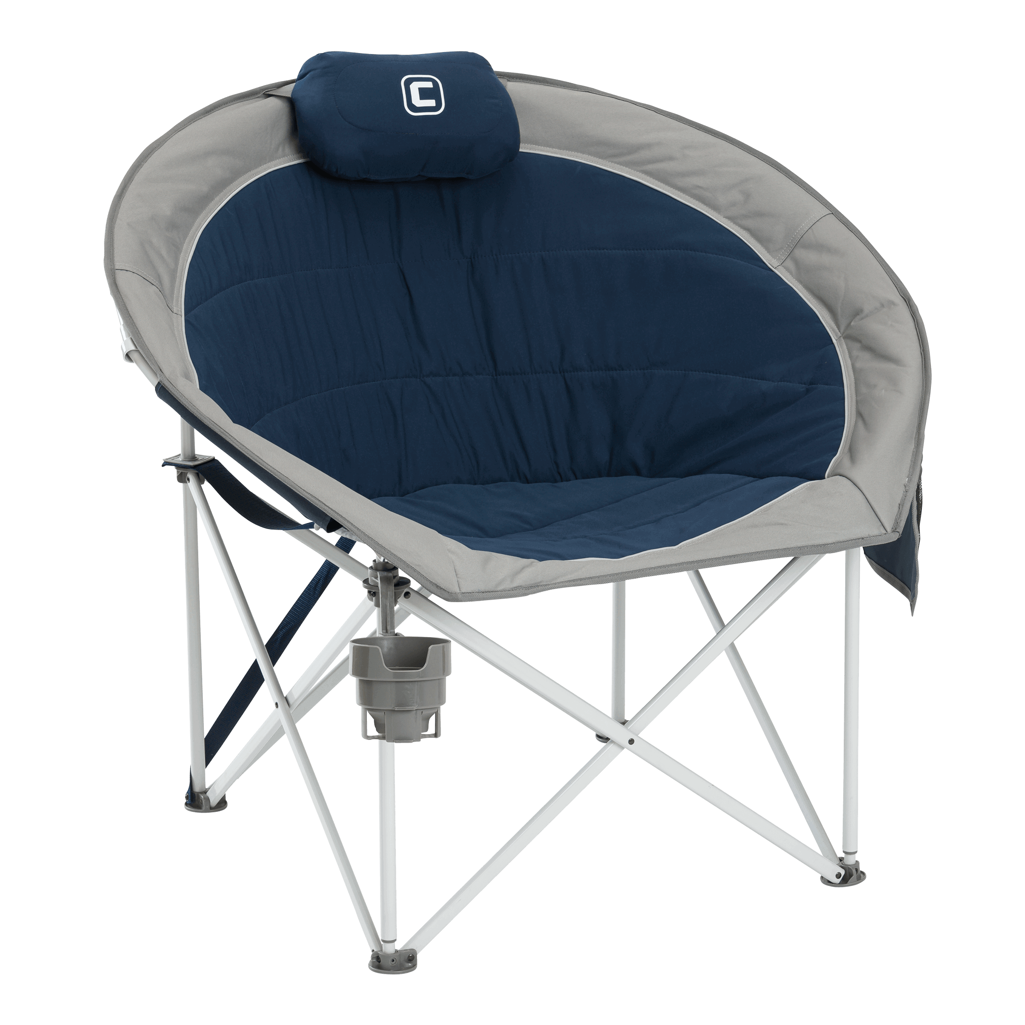 CORE blue moon chair with padded seat, attached pillow, and cup holder on a steel folding frame.