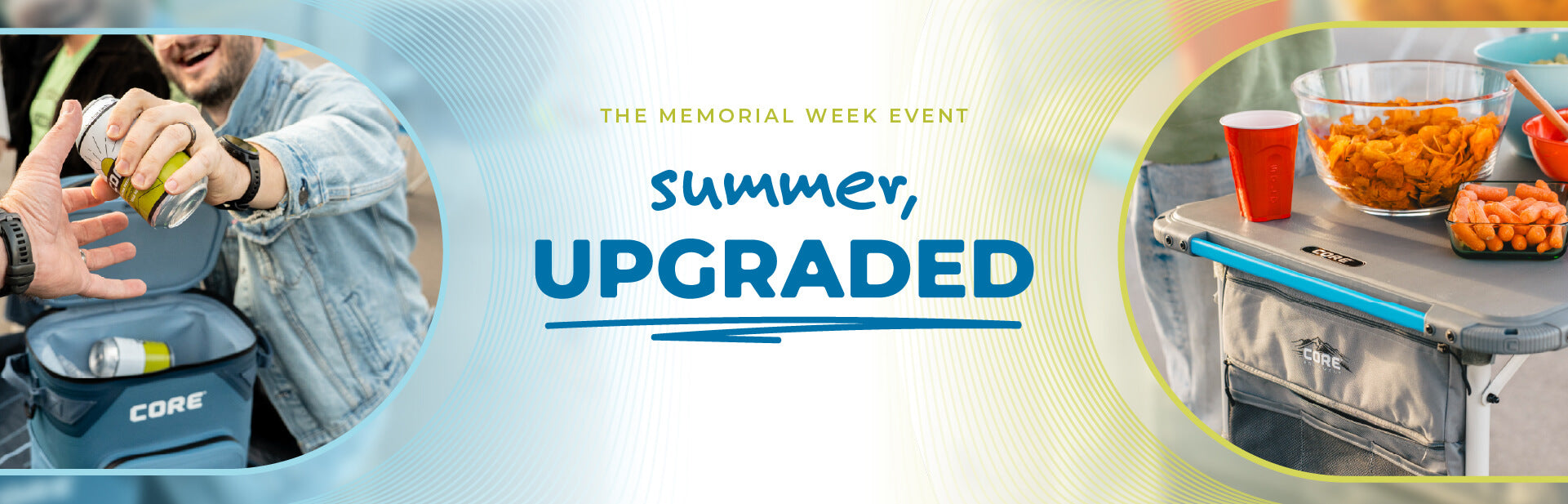 Promotional banner for a Memorial Week event with text 'Summer, Upgraded' and images of a person using a product and food on a table.