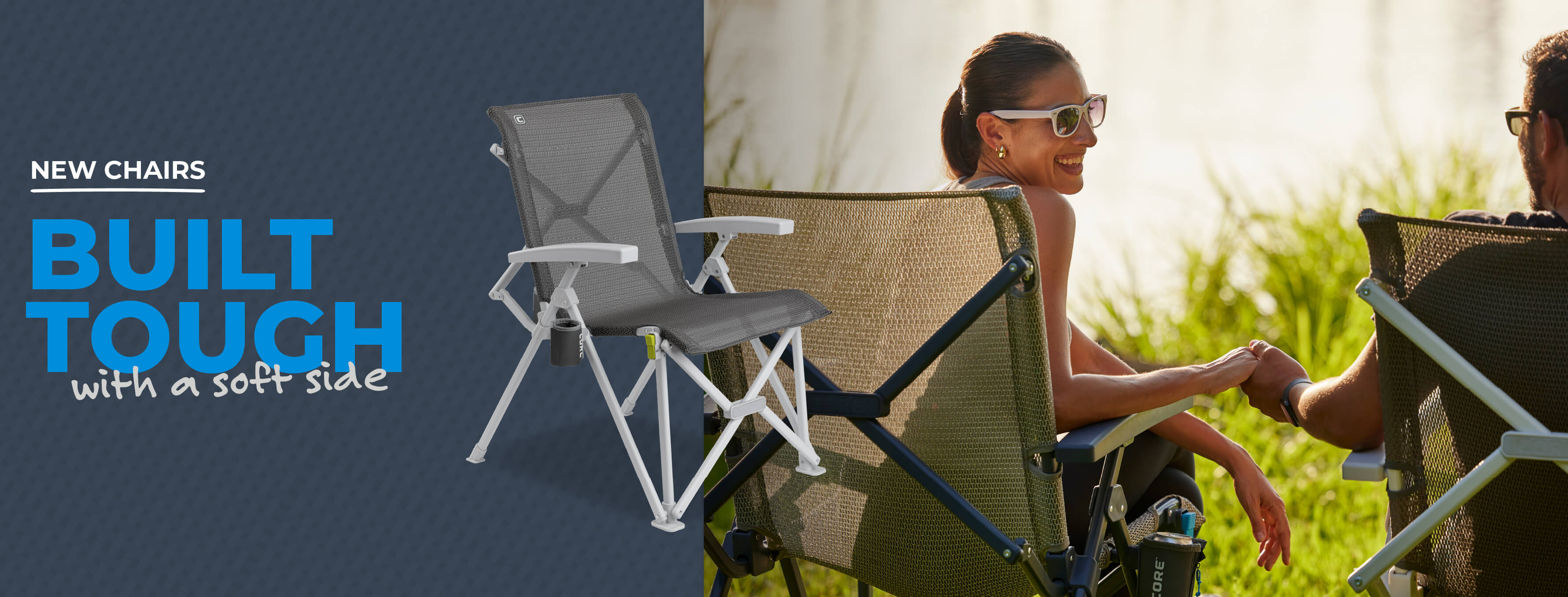 A promotional banner for outdoor folding chairs. The left side features a dark blue graphic with the text 'NEW CHAIRS BUILT TOUGH with a soft side' next to a gray mesh camping chair with a white frame.