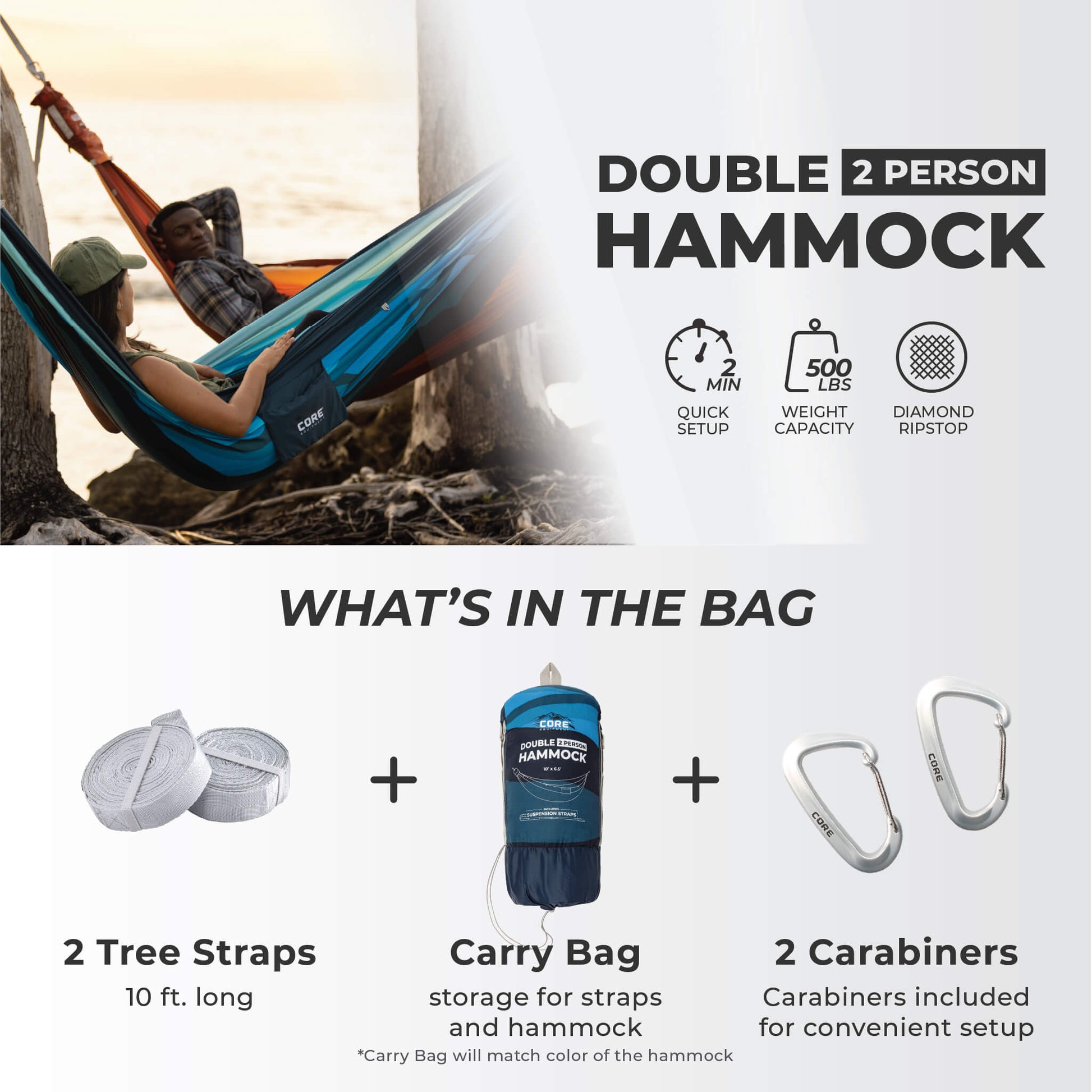 CORE blue mountain pattern double hammock with 500 lb capacity, quick setup, 10 ft straps, carry bag, and carabiners.