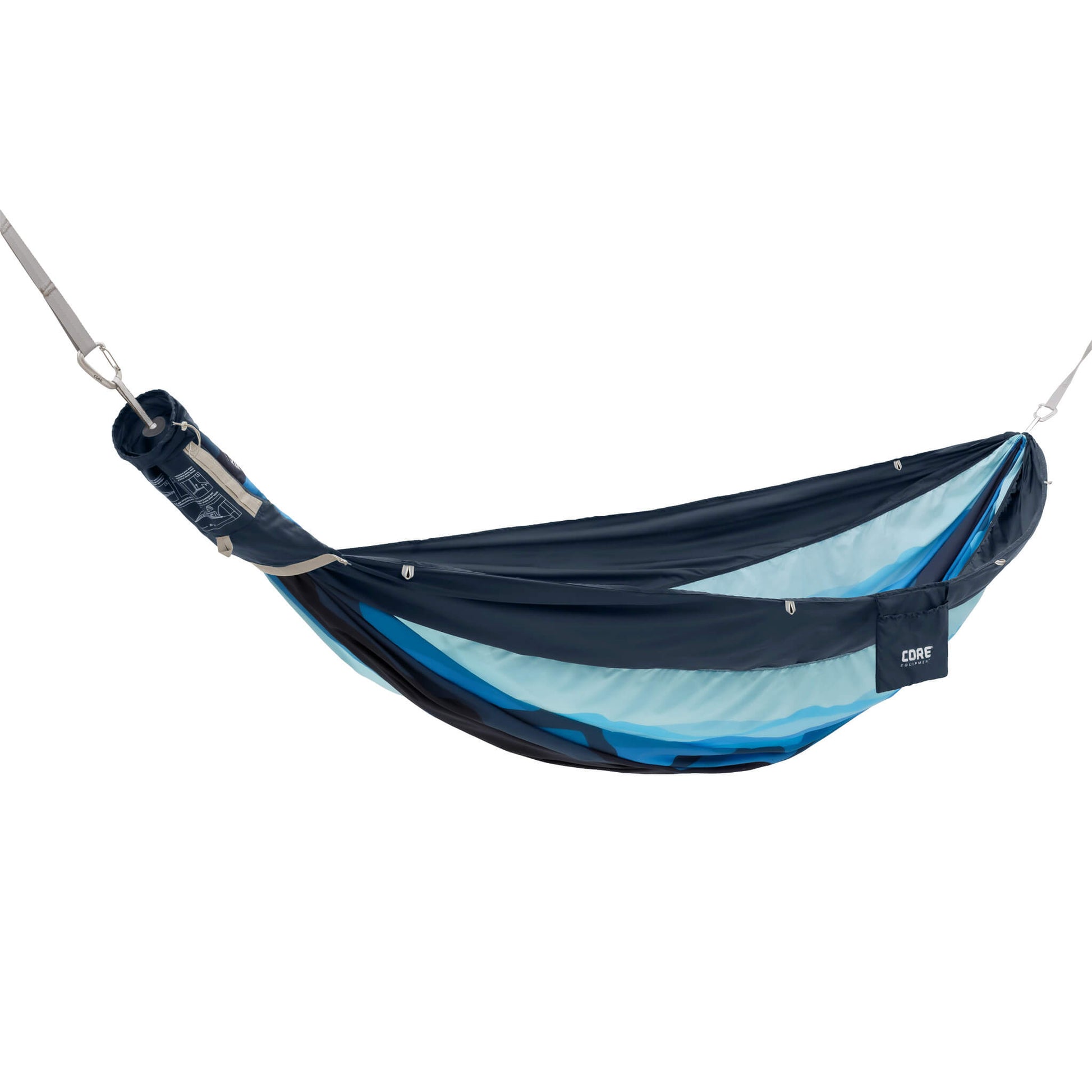 CORE double hammock in blue mountain pattern with a storage pocket attached on the side.