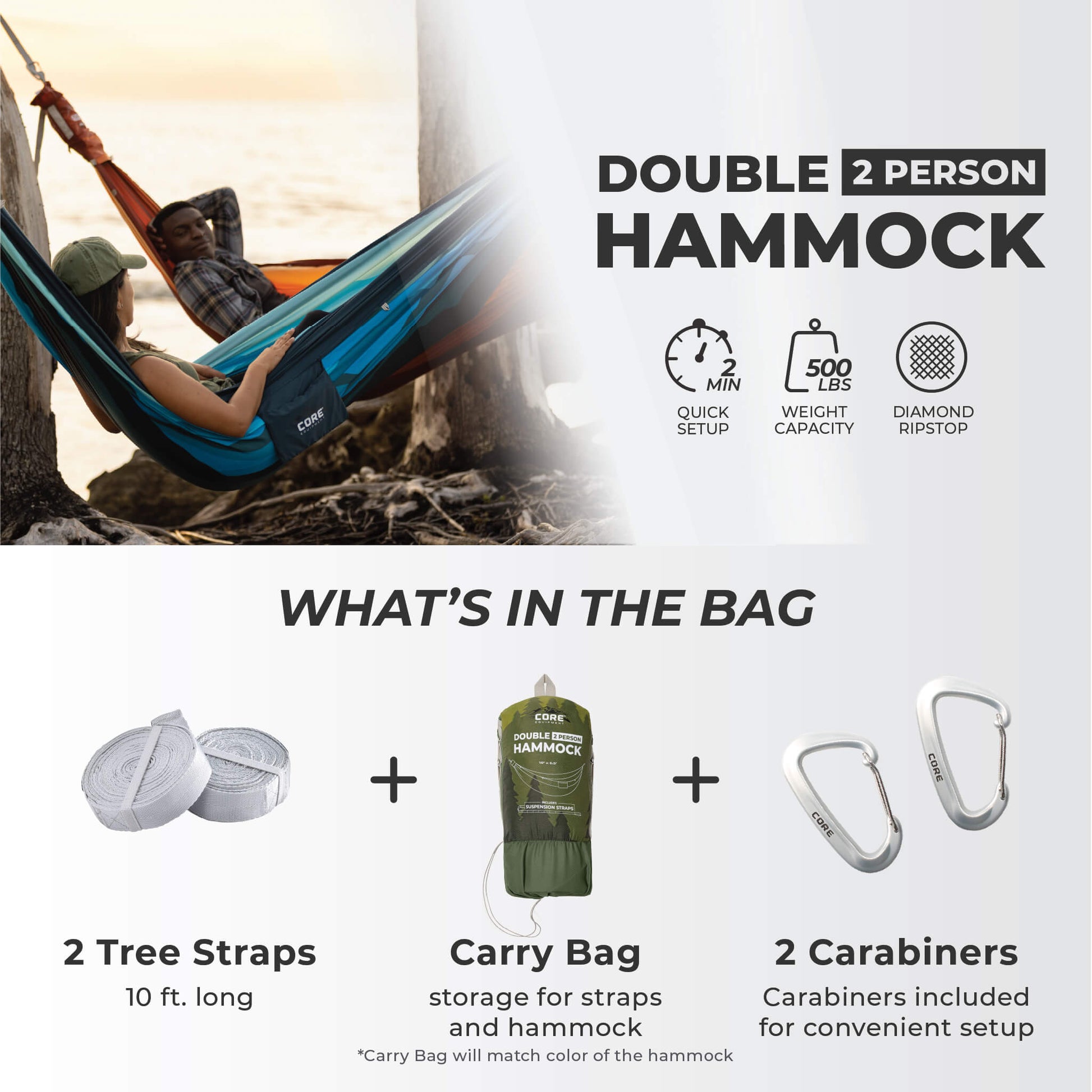 CORE green forest pattern single hammock with 500 lb capacity, quick setup, 10 ft straps, carry bag, and carabiners.