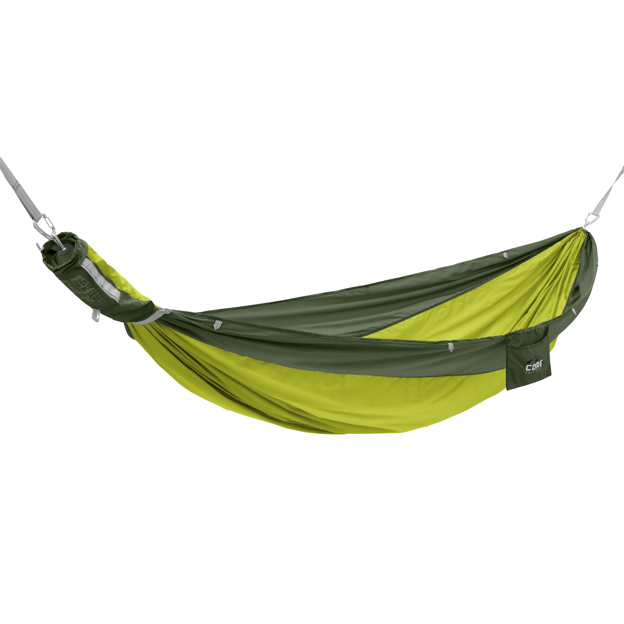 CORE double hammock in green with attached storage pocket and straps.