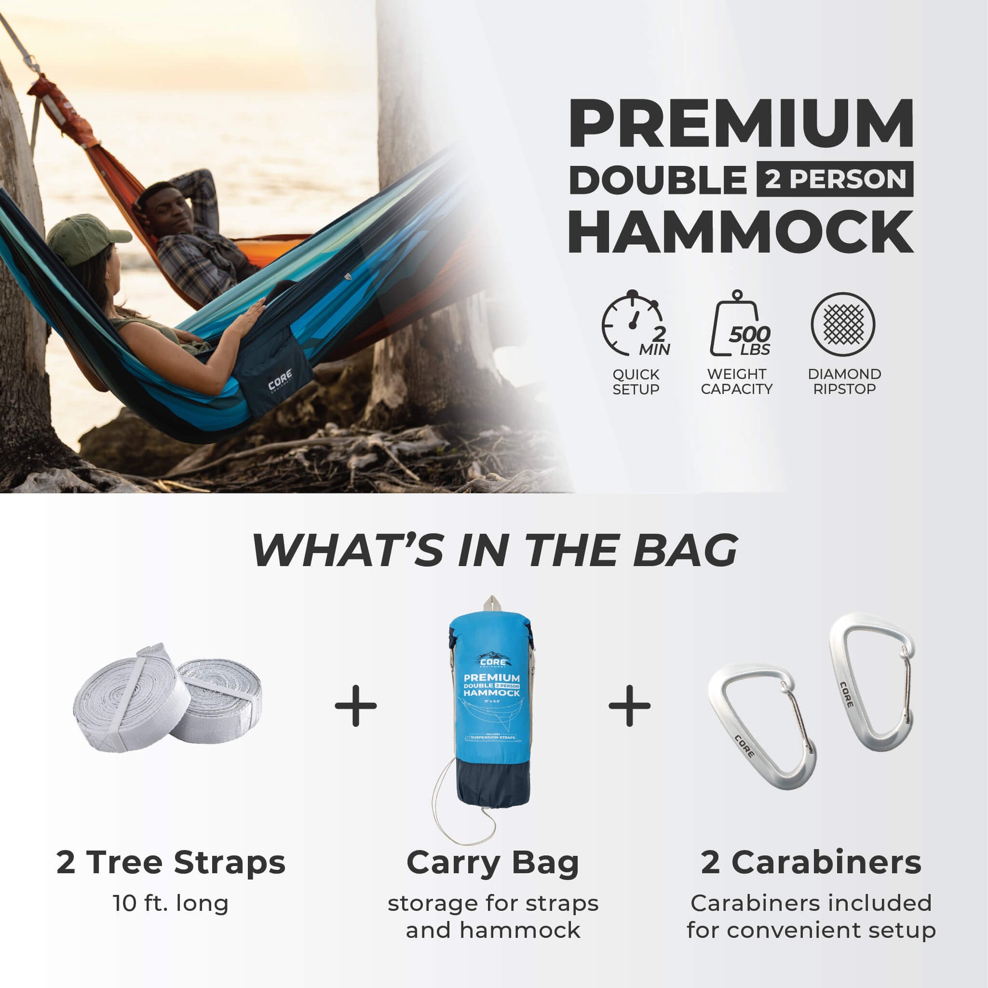 CORE blue premium double hammock with 500 lb capacity, quick setup, 10 ft straps, carry bag, and carabiners.