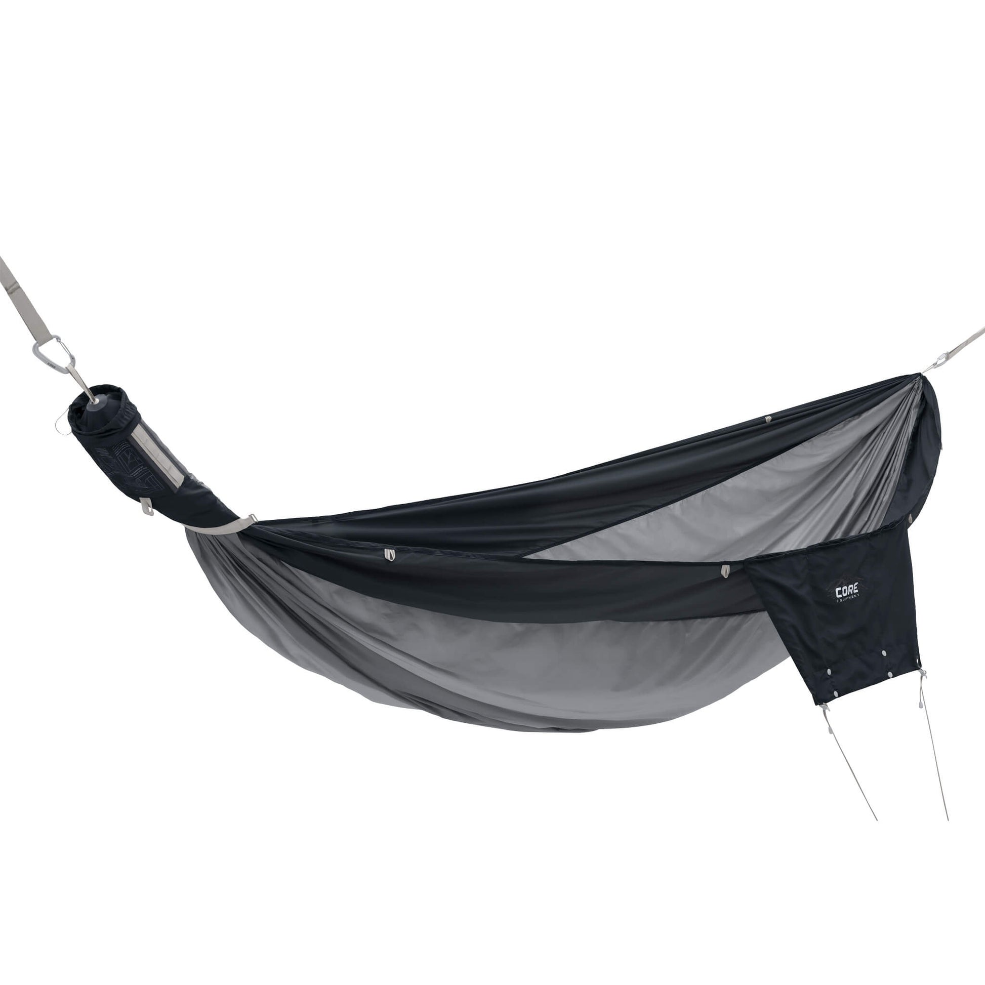 CORE double premium hammock in gray with a storage pocket attached on the side.