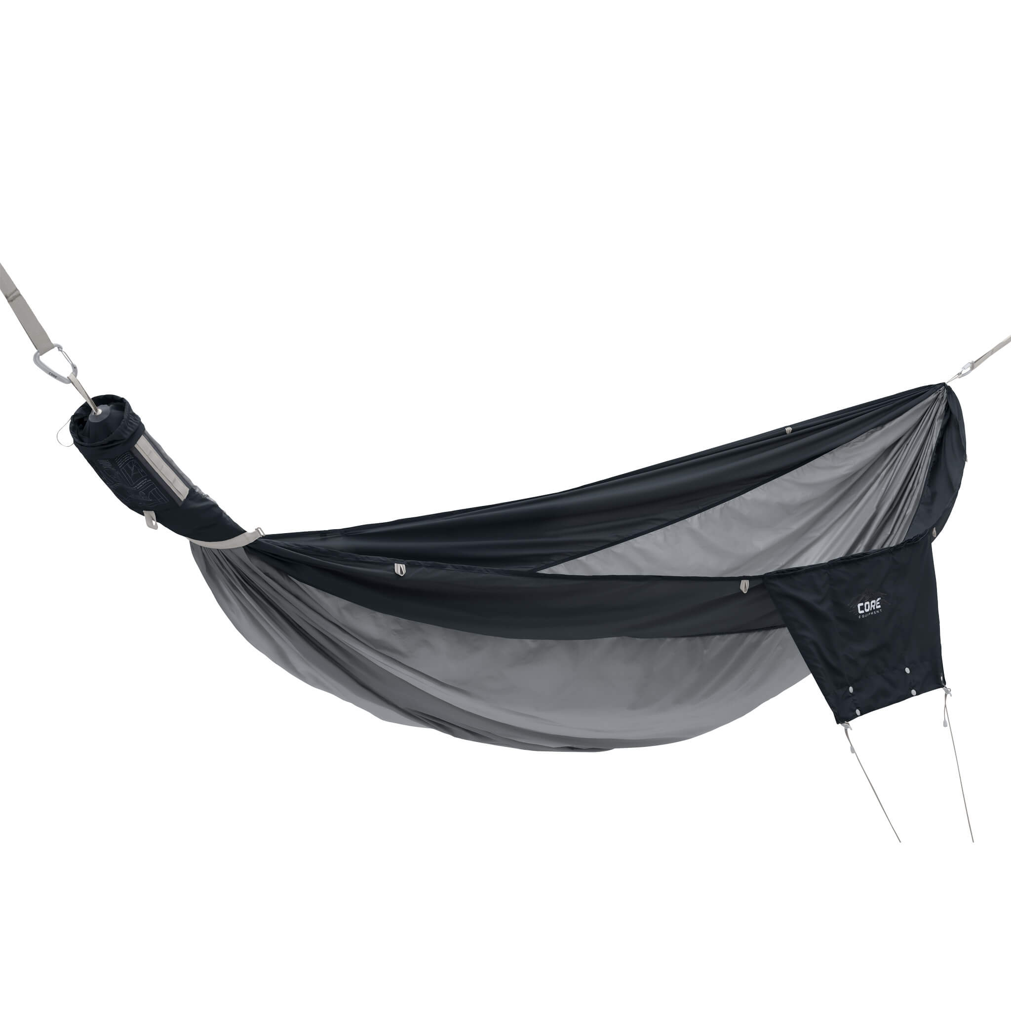 CORE double premium hammock in gray with a storage pocket attached on the side.