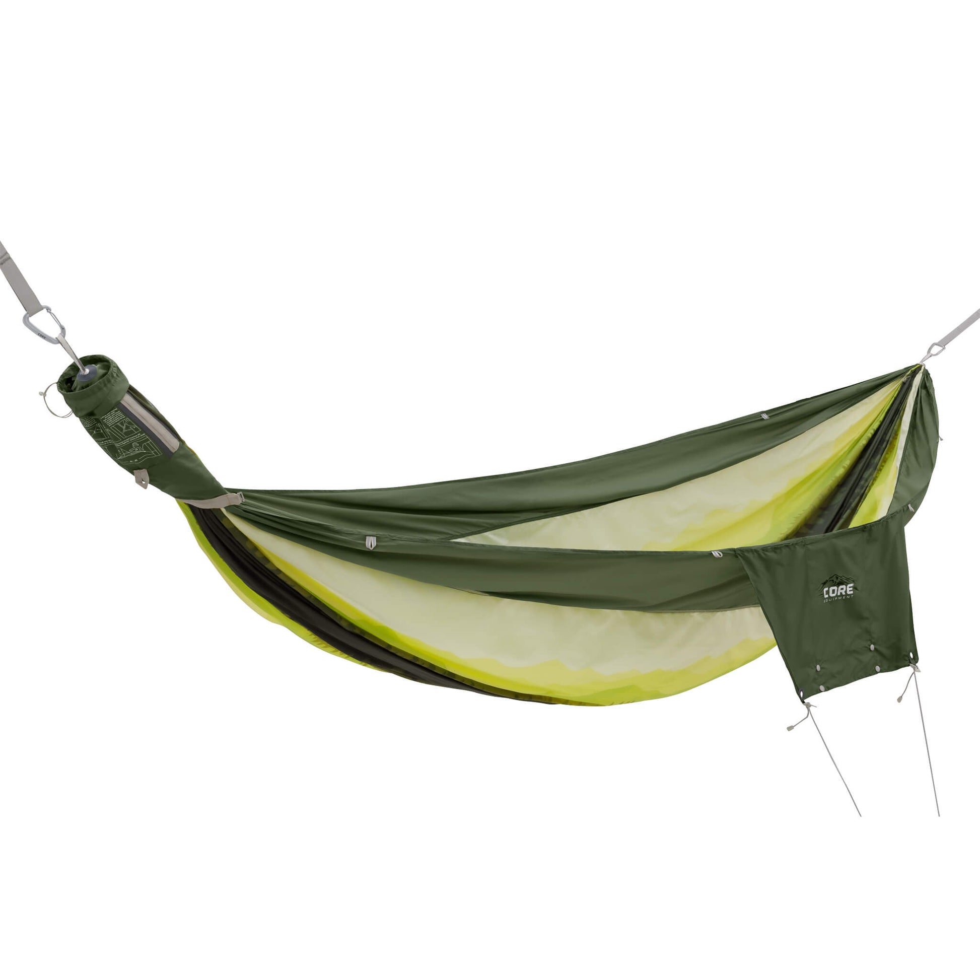 CORE double premium hammock in green forest pattern with a storage pocket attached on the side.