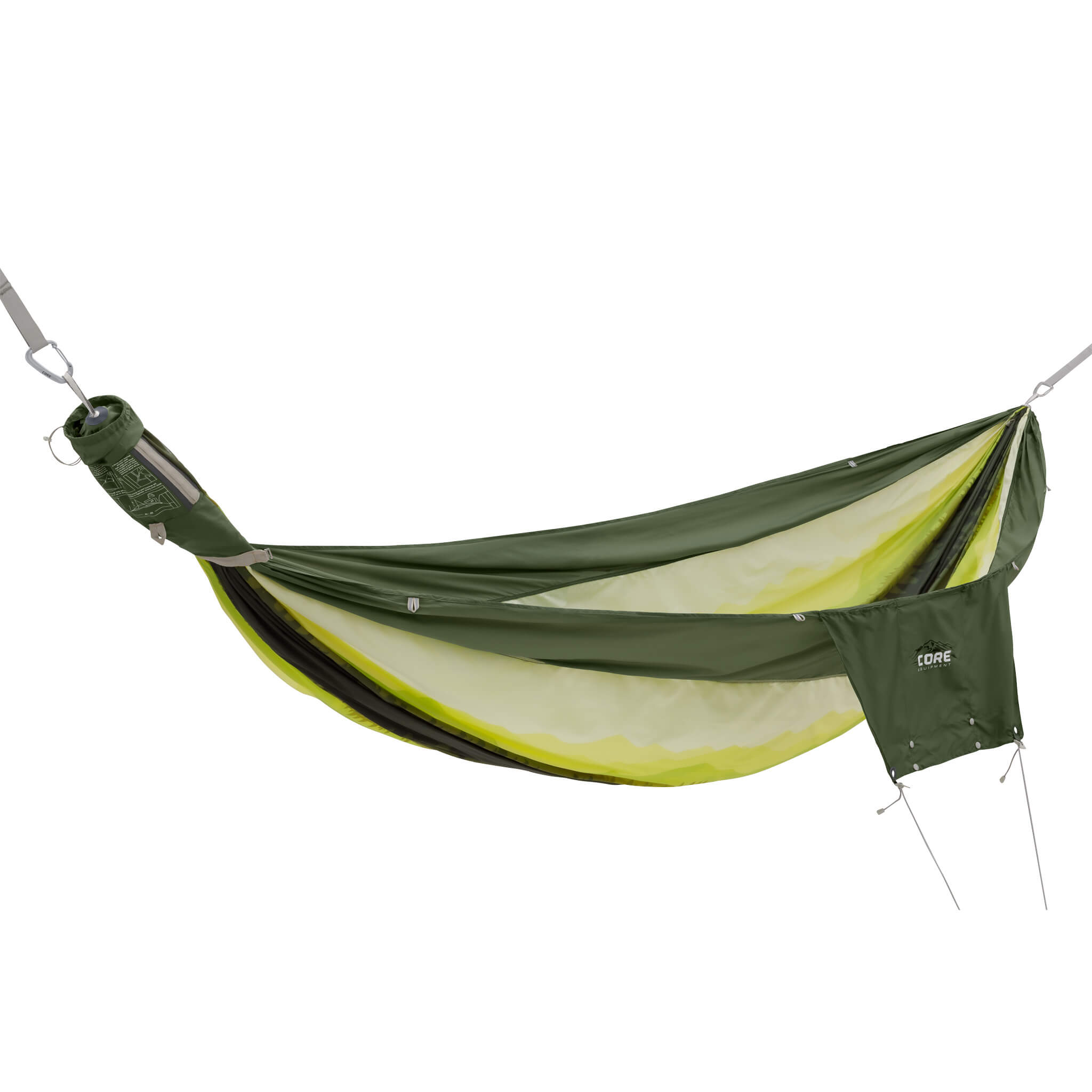 CORE double premium hammock in green forest pattern with a storage pocket attached on the side.