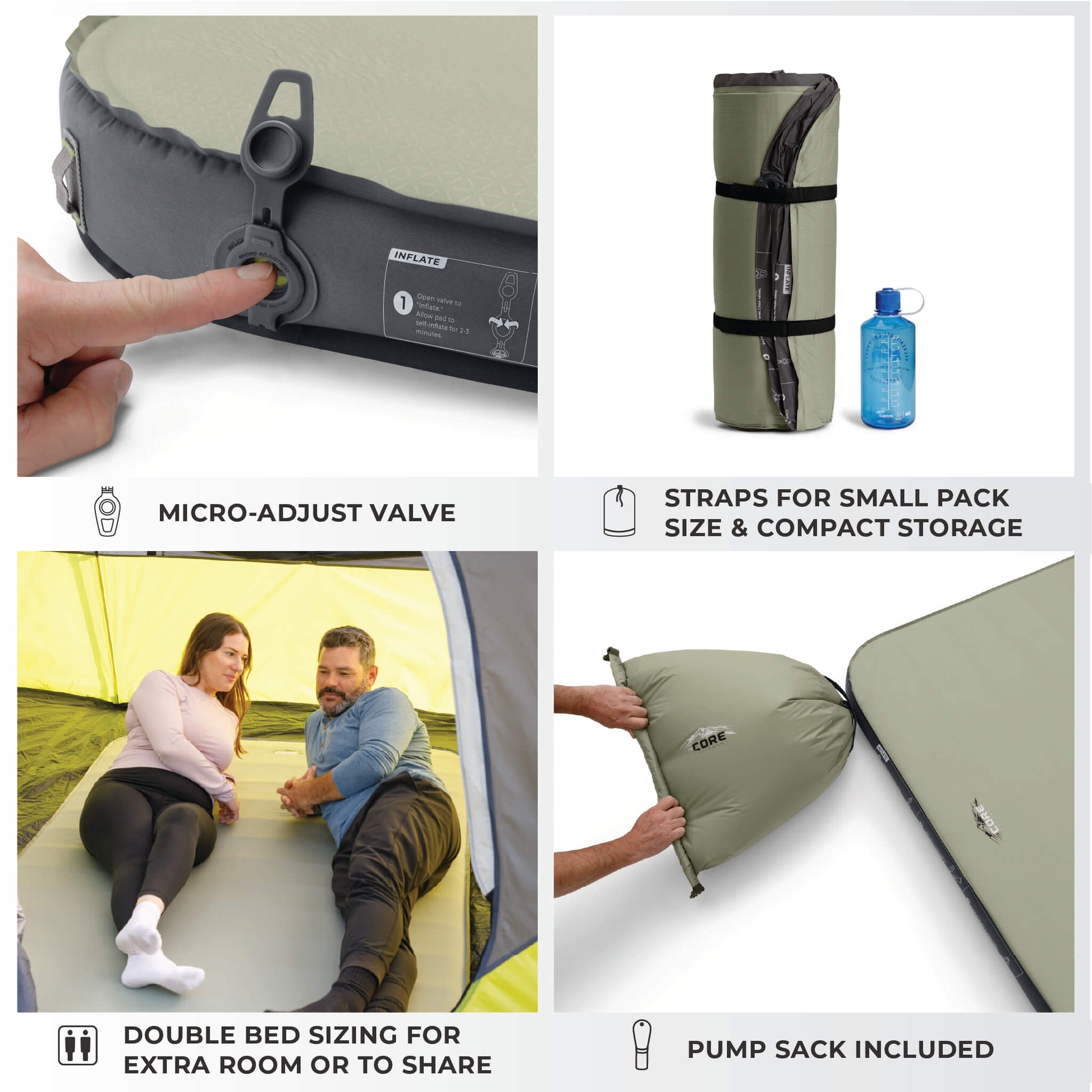Details of the CORE self-inflating camp bed with valve, straps, and pump sack included.