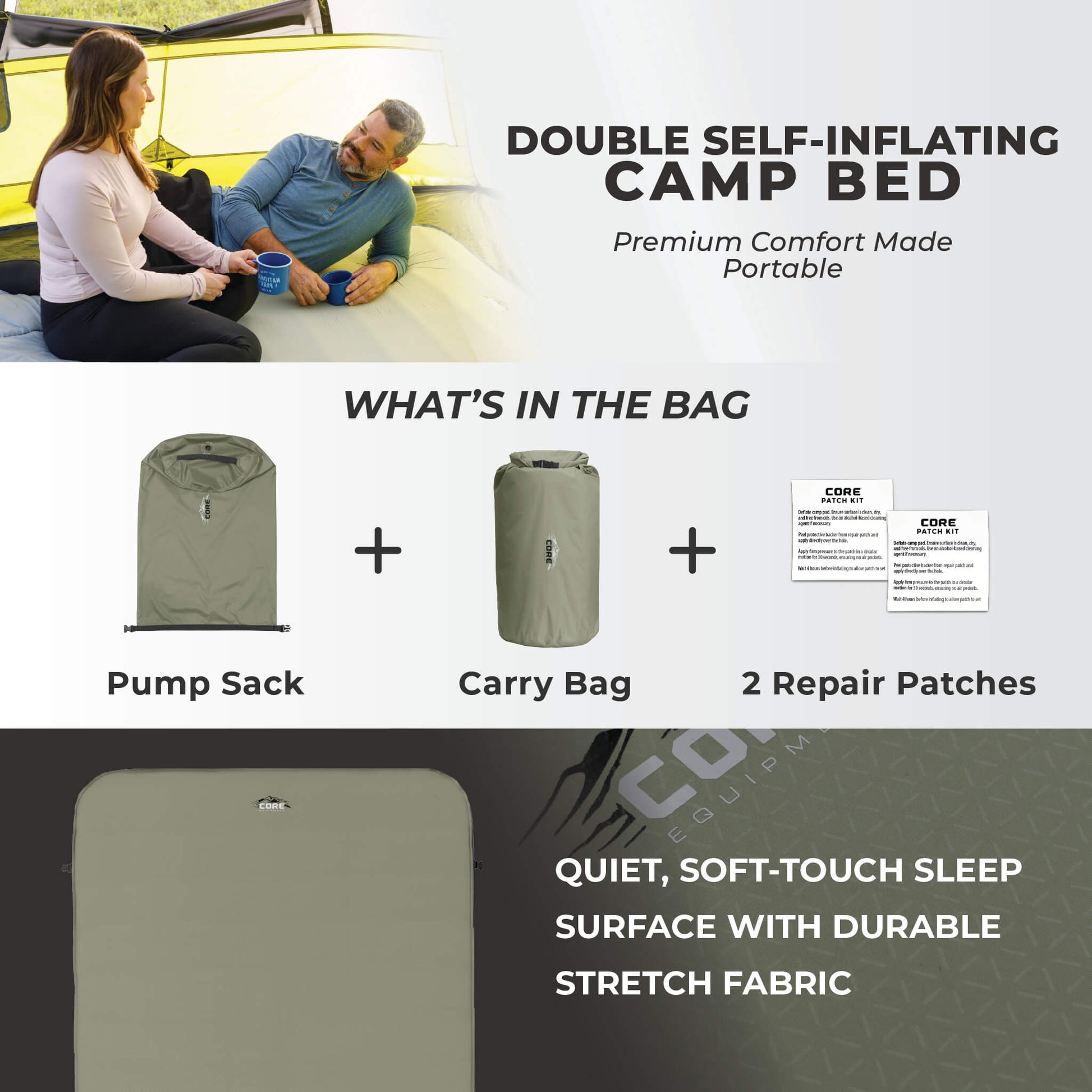 CORE double self-inflating camp bed with pump sack, carry bag, and repair patches. Features soft-touch stretch fabric.