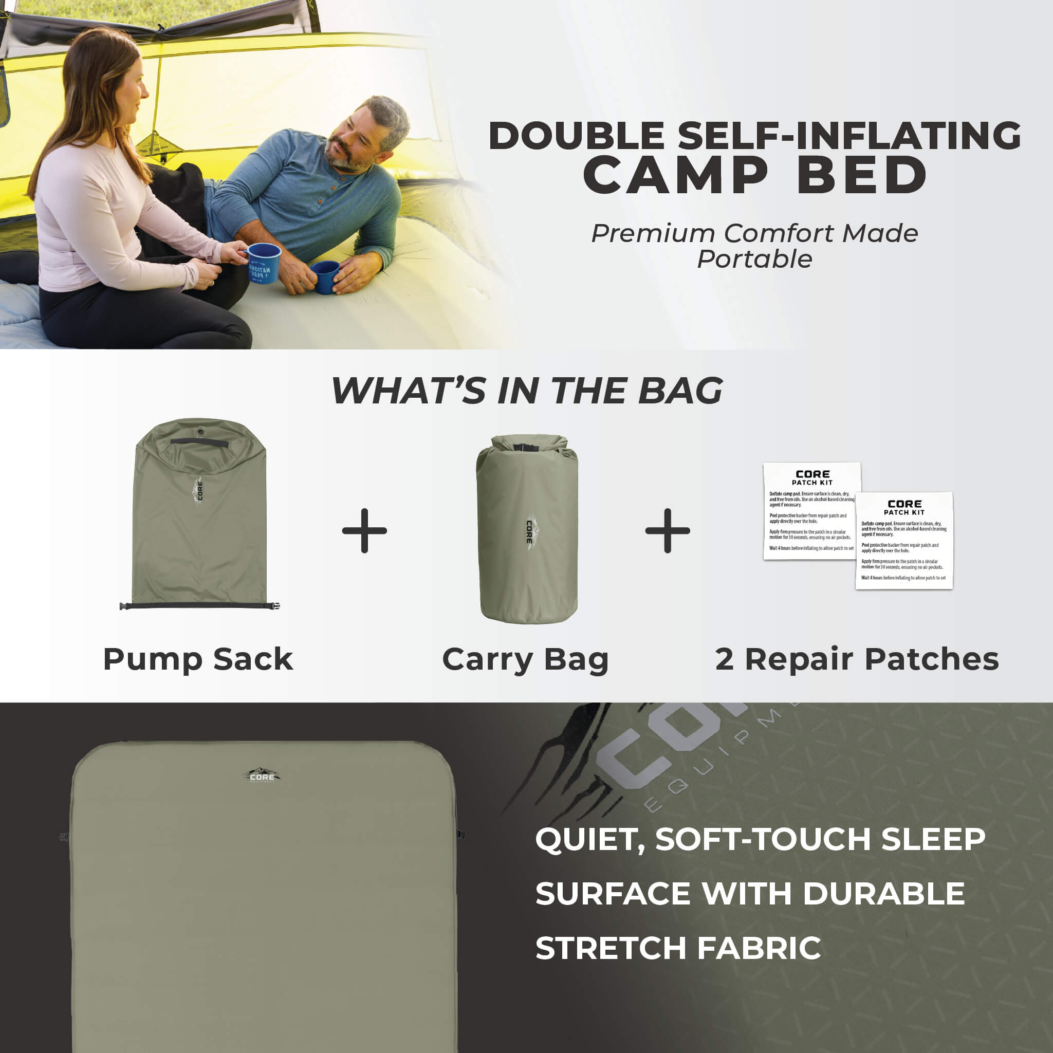 CORE double self-inflating camp bed with pump sack, carry bag, and repair patches. Features soft-touch stretch fabric.