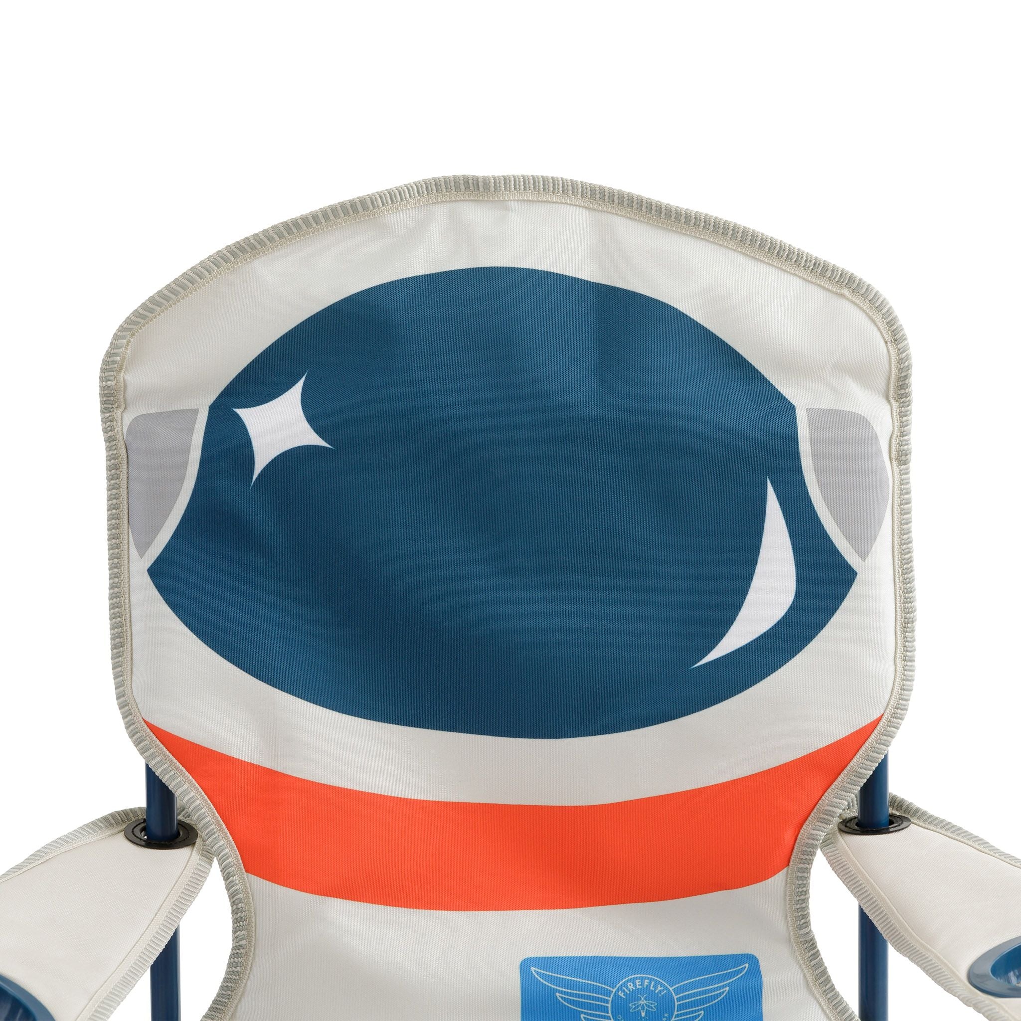 A close-up of a white fabric chair pad or cushion with a stylized astronaut helmet design, featuring a large blue oval, white star and crescent shapes, a red-orange stripe, and a small blue winged emblem near the bottom.