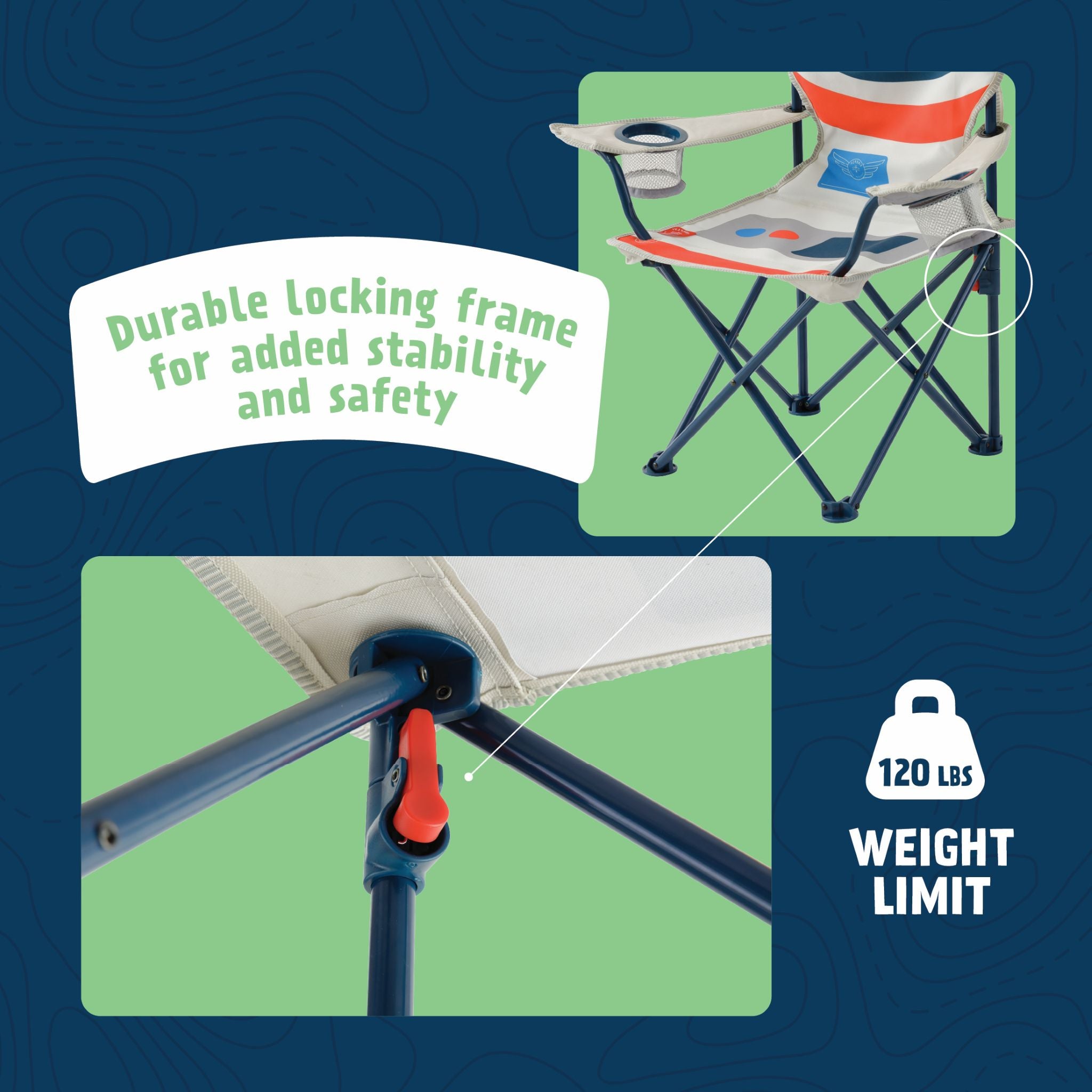 Feature graphic highlighting the kids' astronaut camping chair's durable locking frame for added stability and safety, with a close-up of the locking mechanism and a 120 lb weight limit icon.