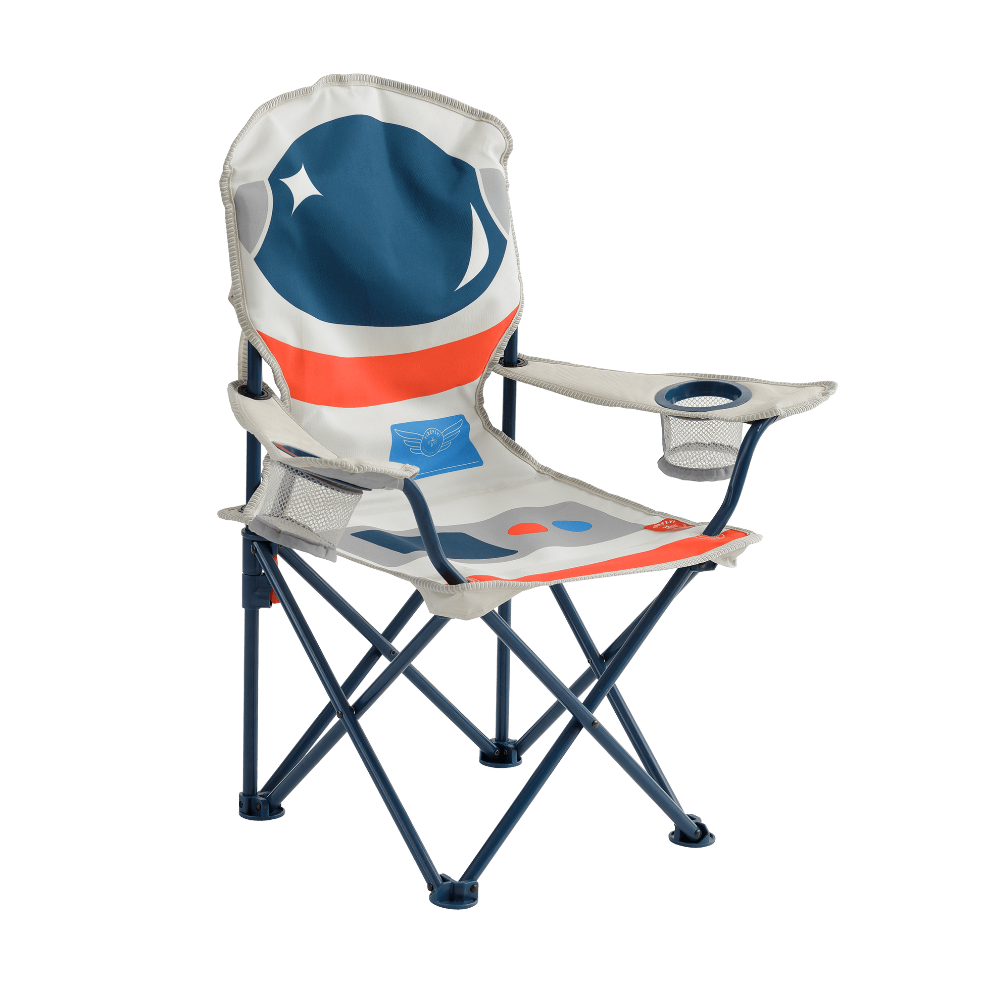 Gray kids' folding camping chair with a playful astronaut design, featuring two mesh cup holders and a durable steel frame.