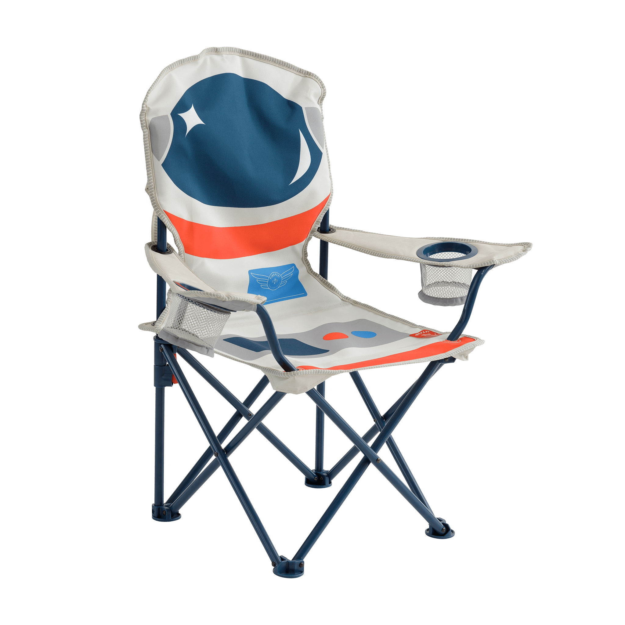 Gray kids' folding camping chair with a playful astronaut design, featuring two mesh cup holders and a durable steel frame.