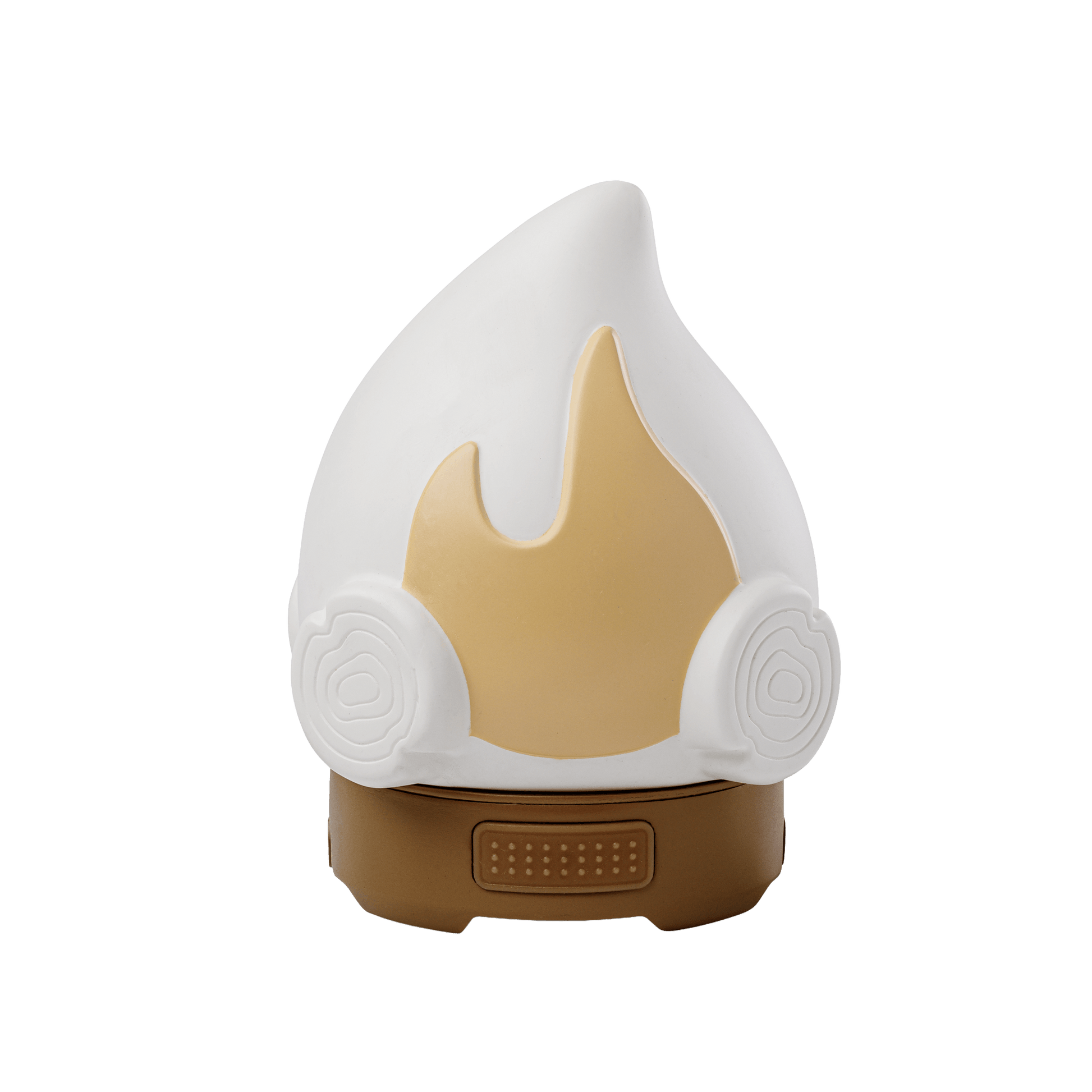 White and brown campfire flame-shaped product on a black background.