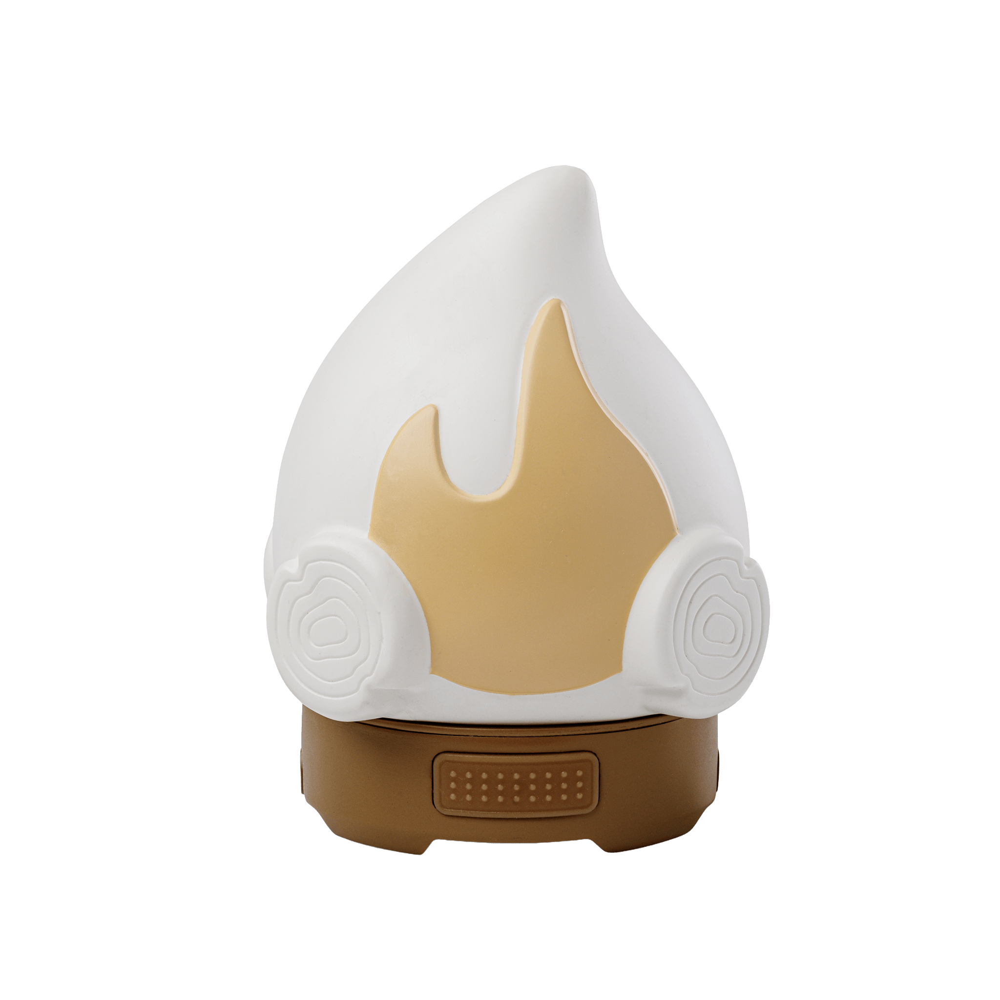 White and brown campfire flame-shaped product on a black background.