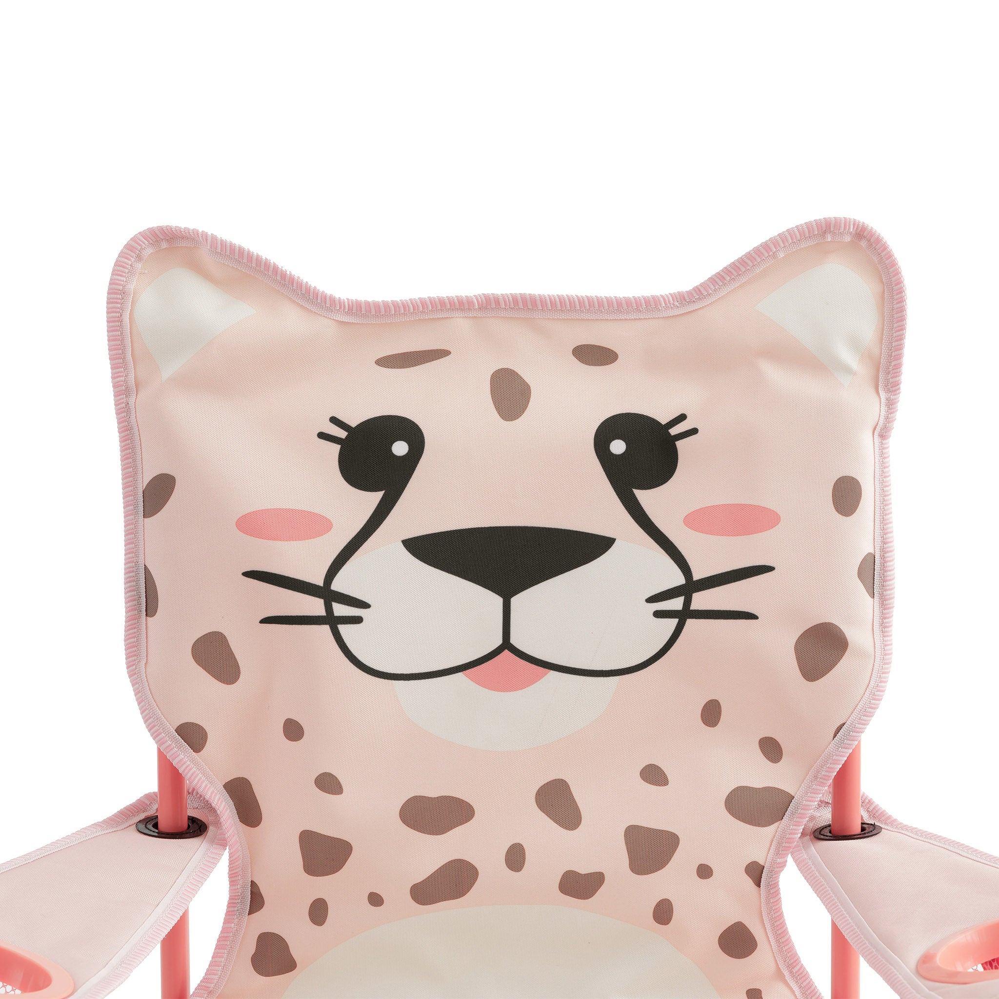 Close-up of the pink kids' cheetah camping chair backrest, featuring a smiling cheetah face with playful ears, spots, and blush accents.