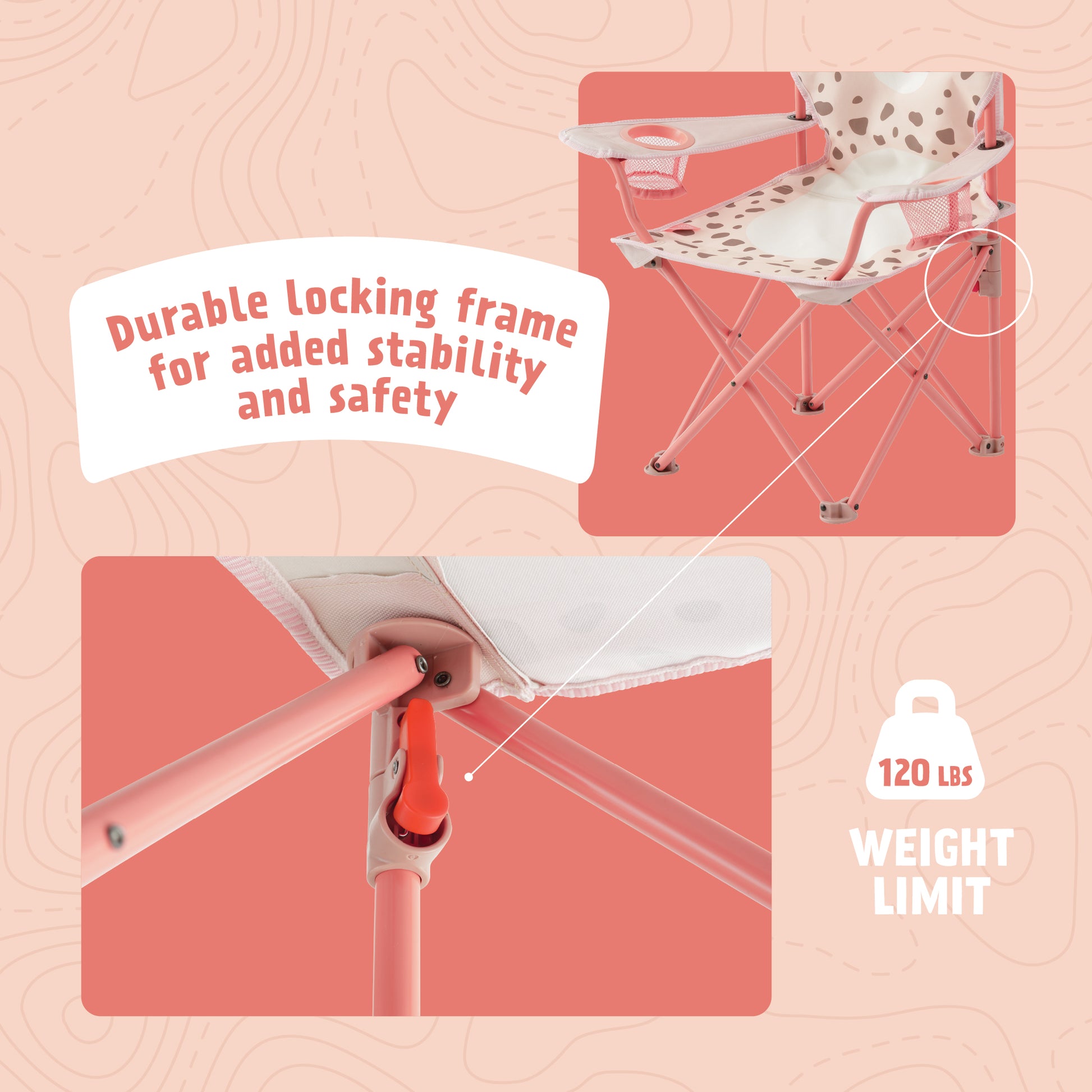 Feature graphic highlighting the pink kids' cheetah camping chair's durable locking frame for added stability and safety, with a close-up of the locking mechanism and a 120 lb weight limit icon.