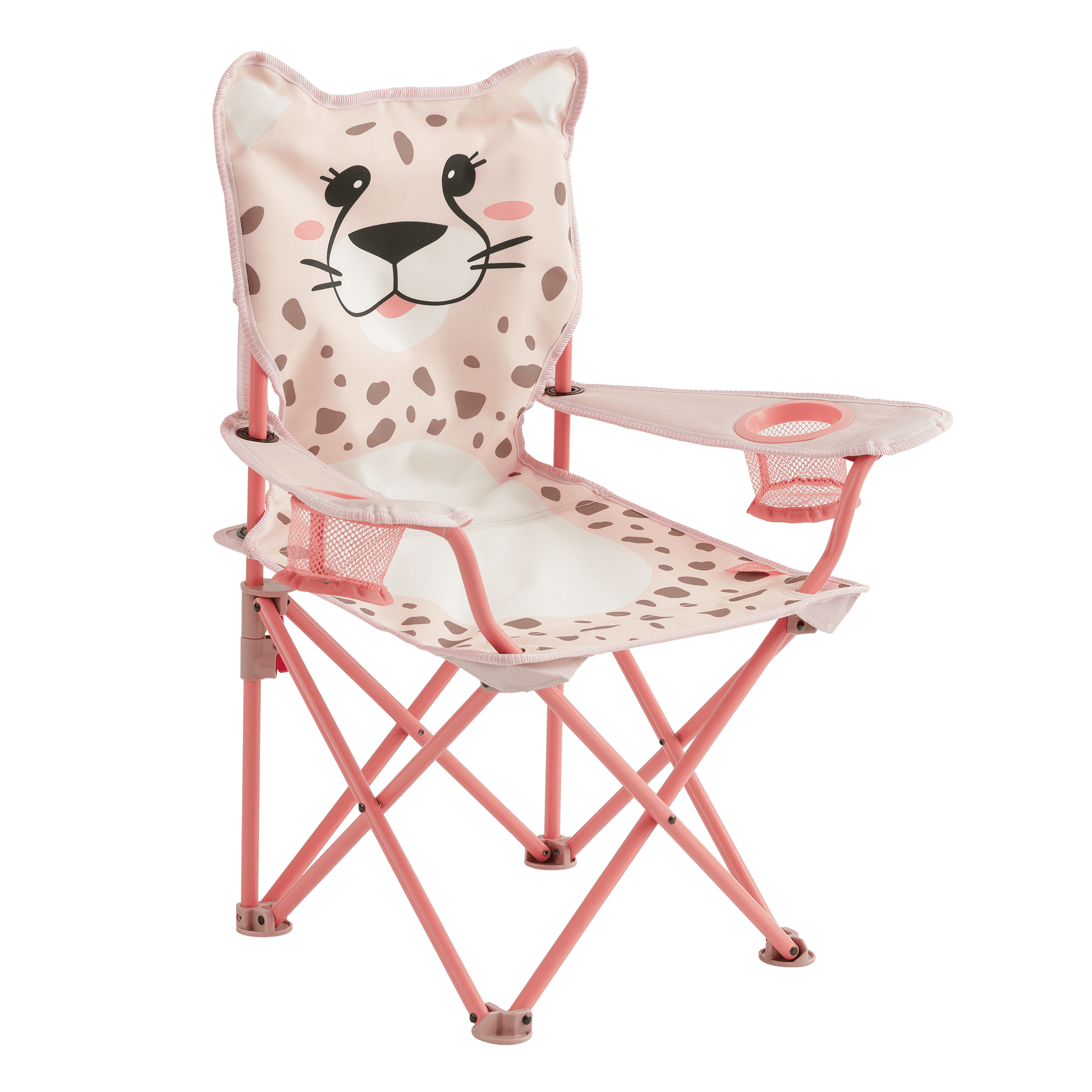 Pink kids' folding camping chair with a smiling cheetah face and spotted print, featuring two mesh cup holders and a durable steel frame.