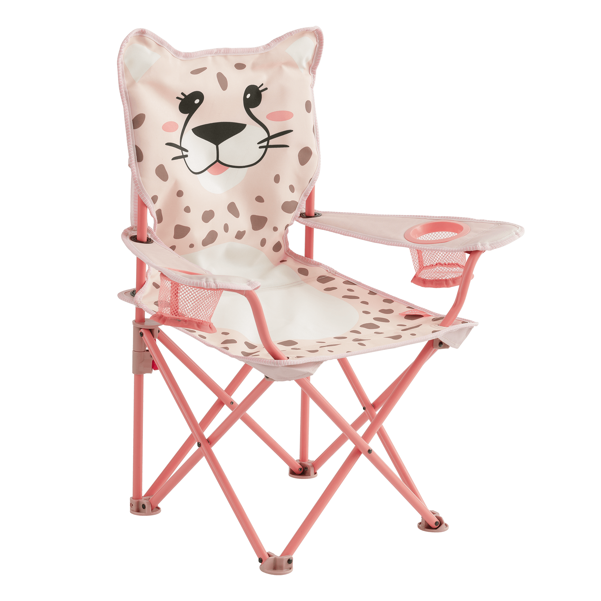 Pink kids' folding camping chair with a smiling cheetah face and spotted print, featuring two mesh cup holders and a durable steel frame.