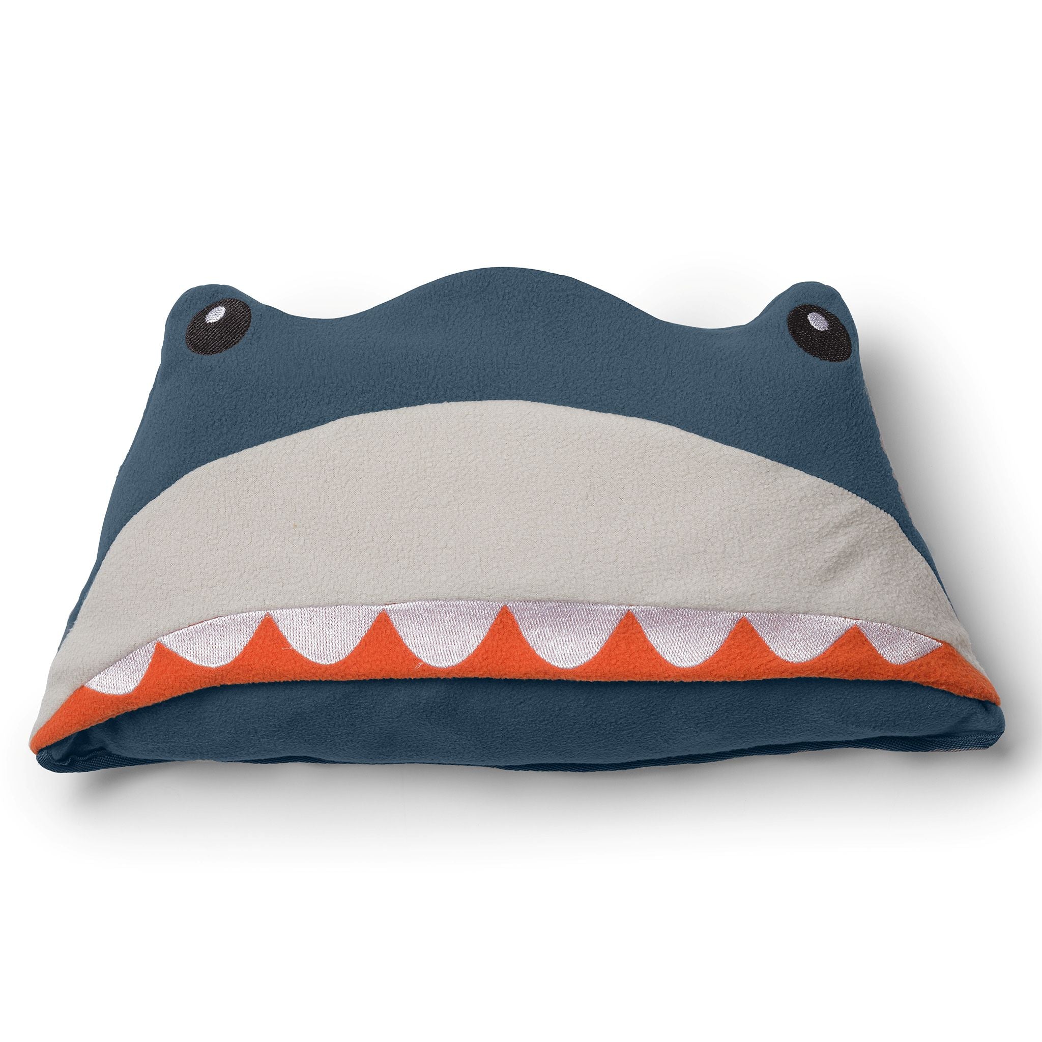 Shark-shaped pillow folded up.