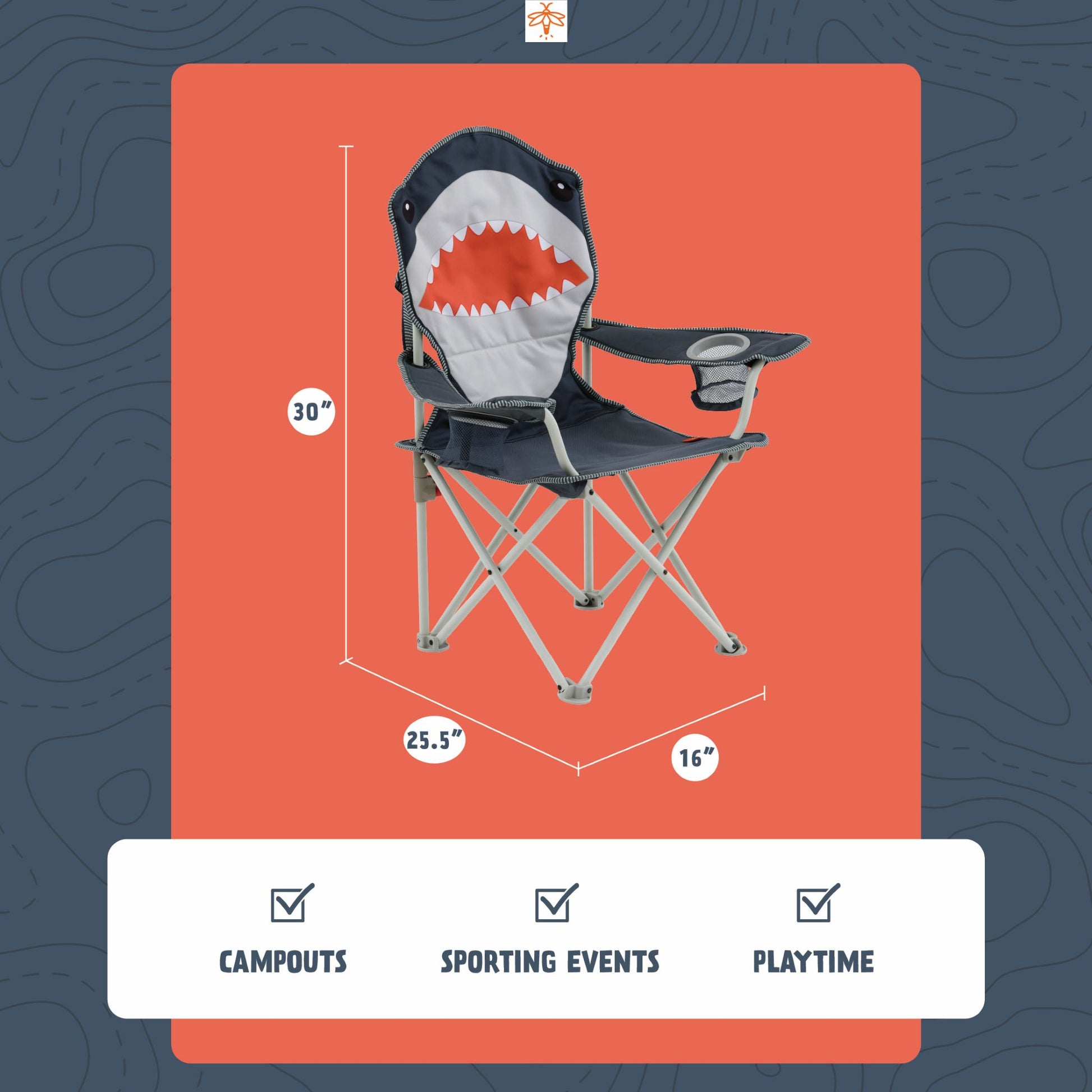 A folding camp chair with a shark theme, shown with dimension labels (30 inches tall, 25.5 inches wide, 16 inches deep) on a green background with feature icons below.