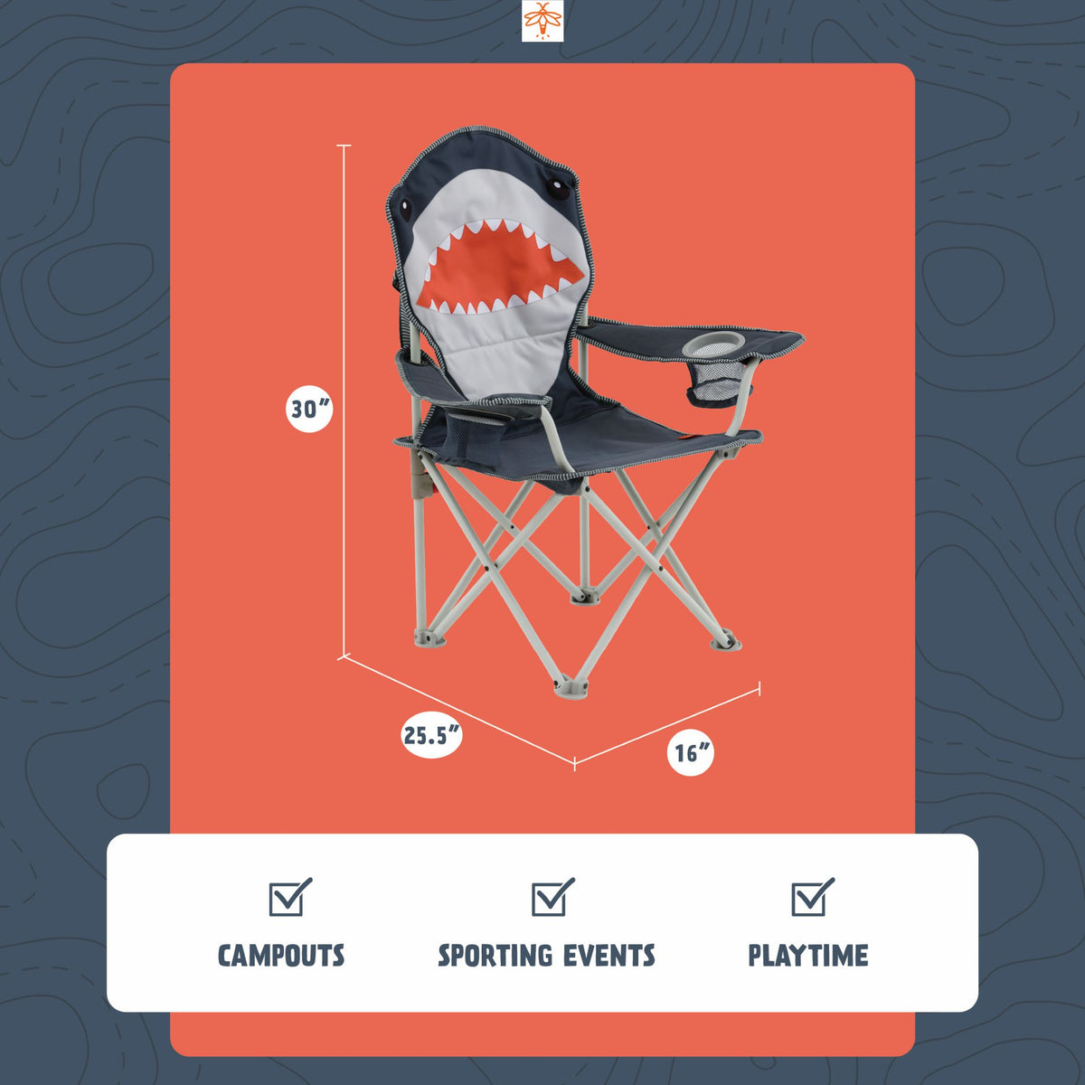 A folding camp chair with a shark theme, shown with dimension labels (30 inches tall, 25.5 inches wide, 16 inches deep) on a green background with feature icons below.
