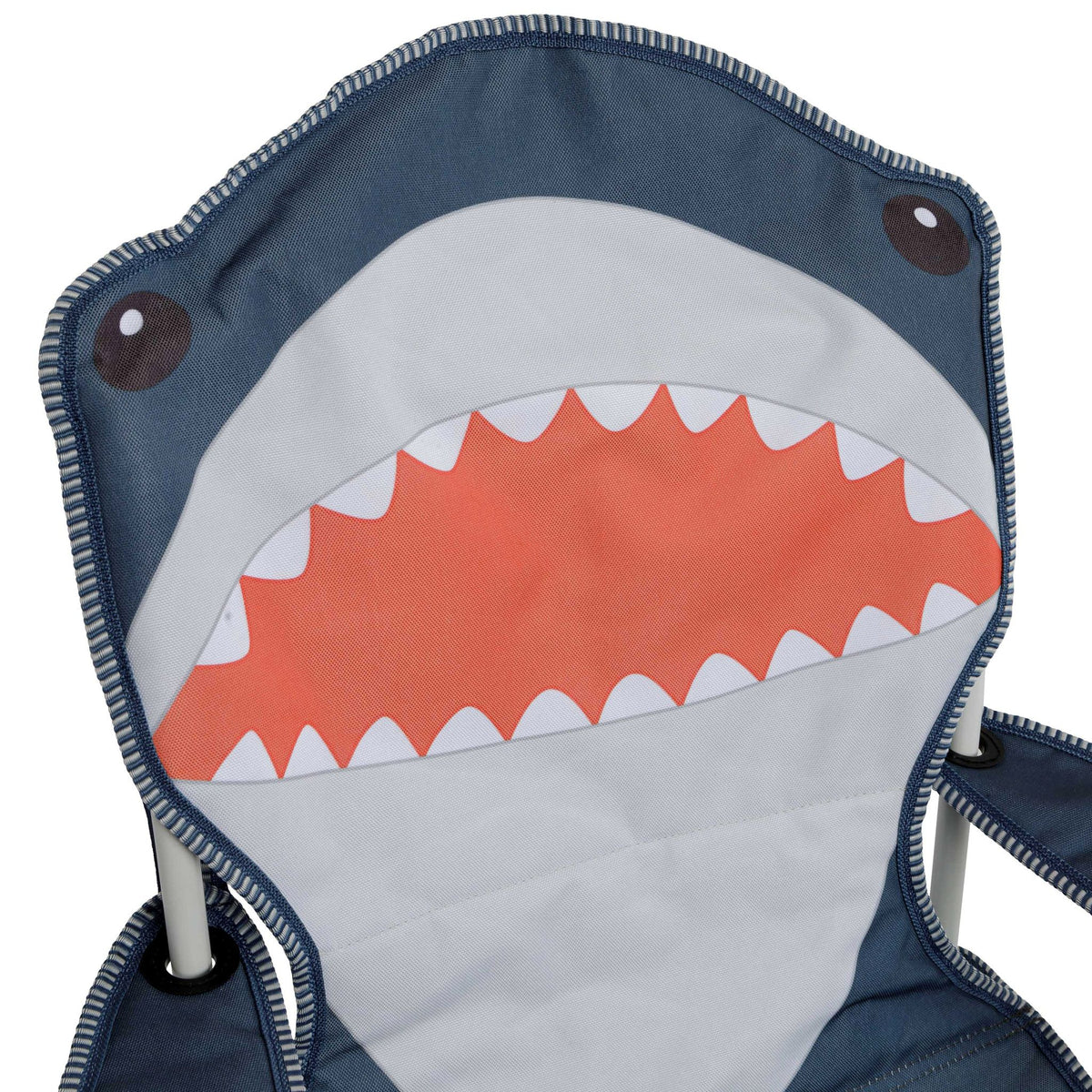 A close-up of a blue fabric chair pad or cushion with a stylized shark design.