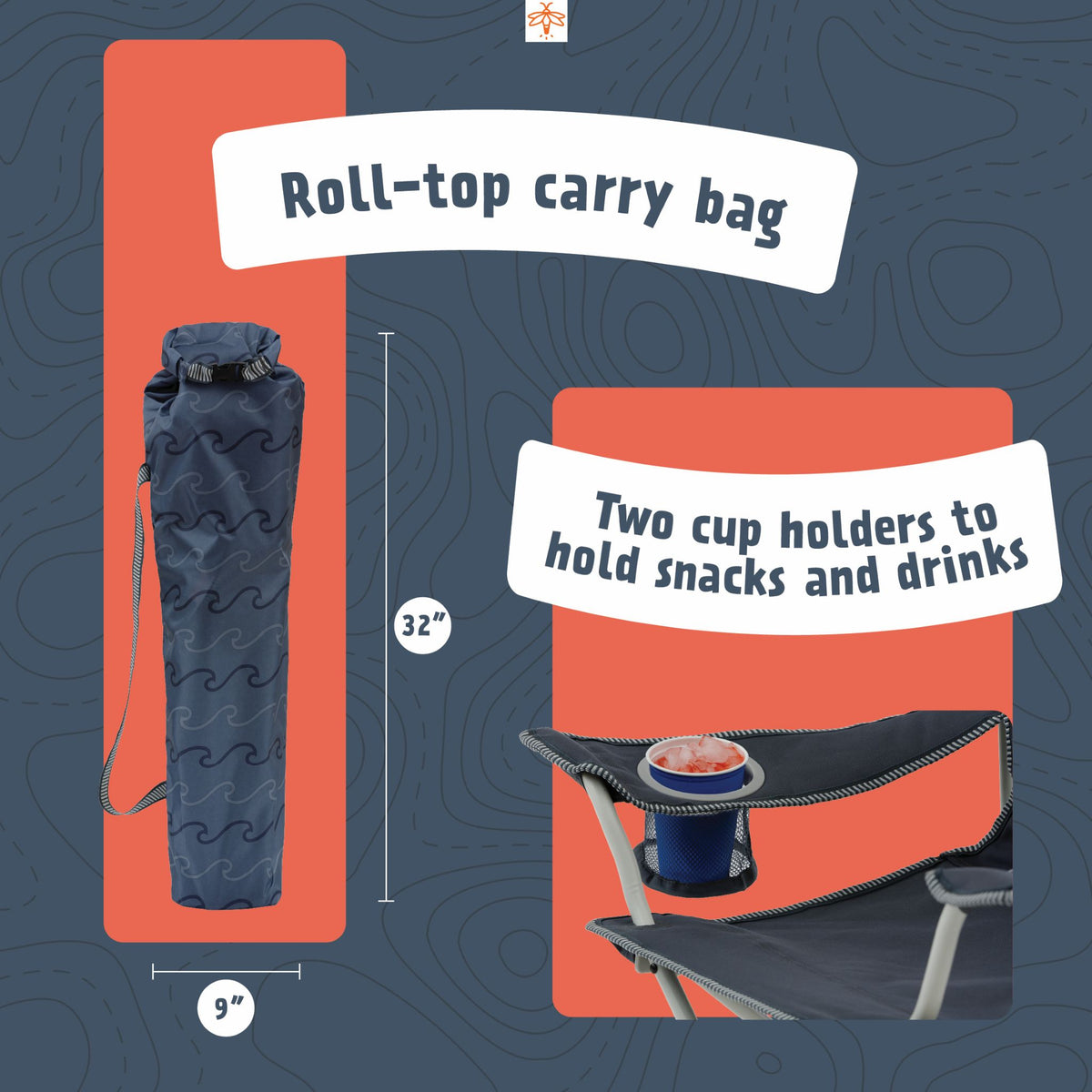 Feature graphic showing the kids' shark camping chair with a matching 32-inch by 9-inch roll-top carry bag and two mesh cup holders for holding snacks and drinks.