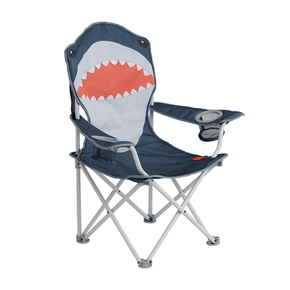A navy blue and gray folding camp chair with a shark face graphic on the backrest, featuring a red-orange mouth and white teeth, set against a plain white background.