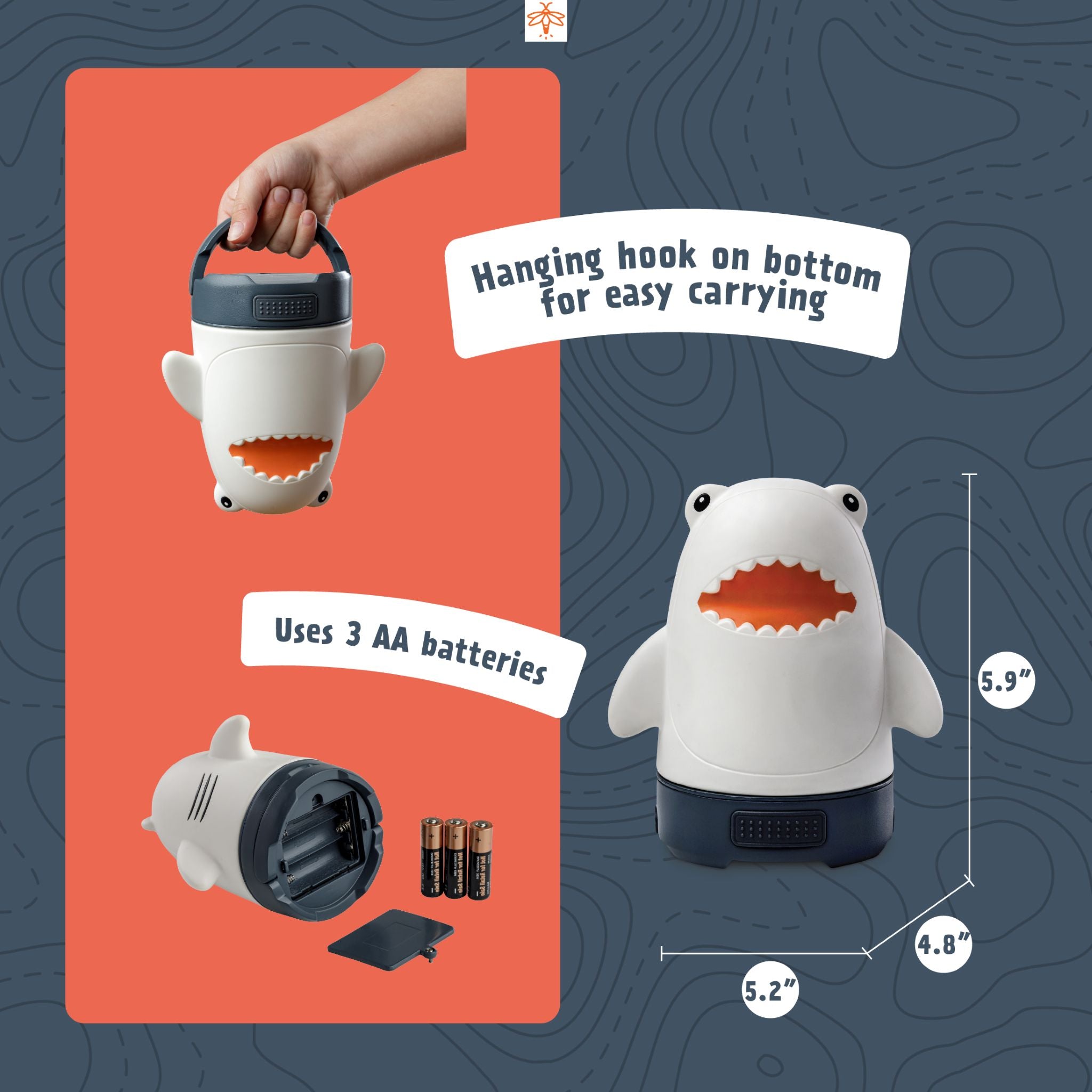 Shark-shaped lantern with hanging hook and battery information on an orange and blue background.