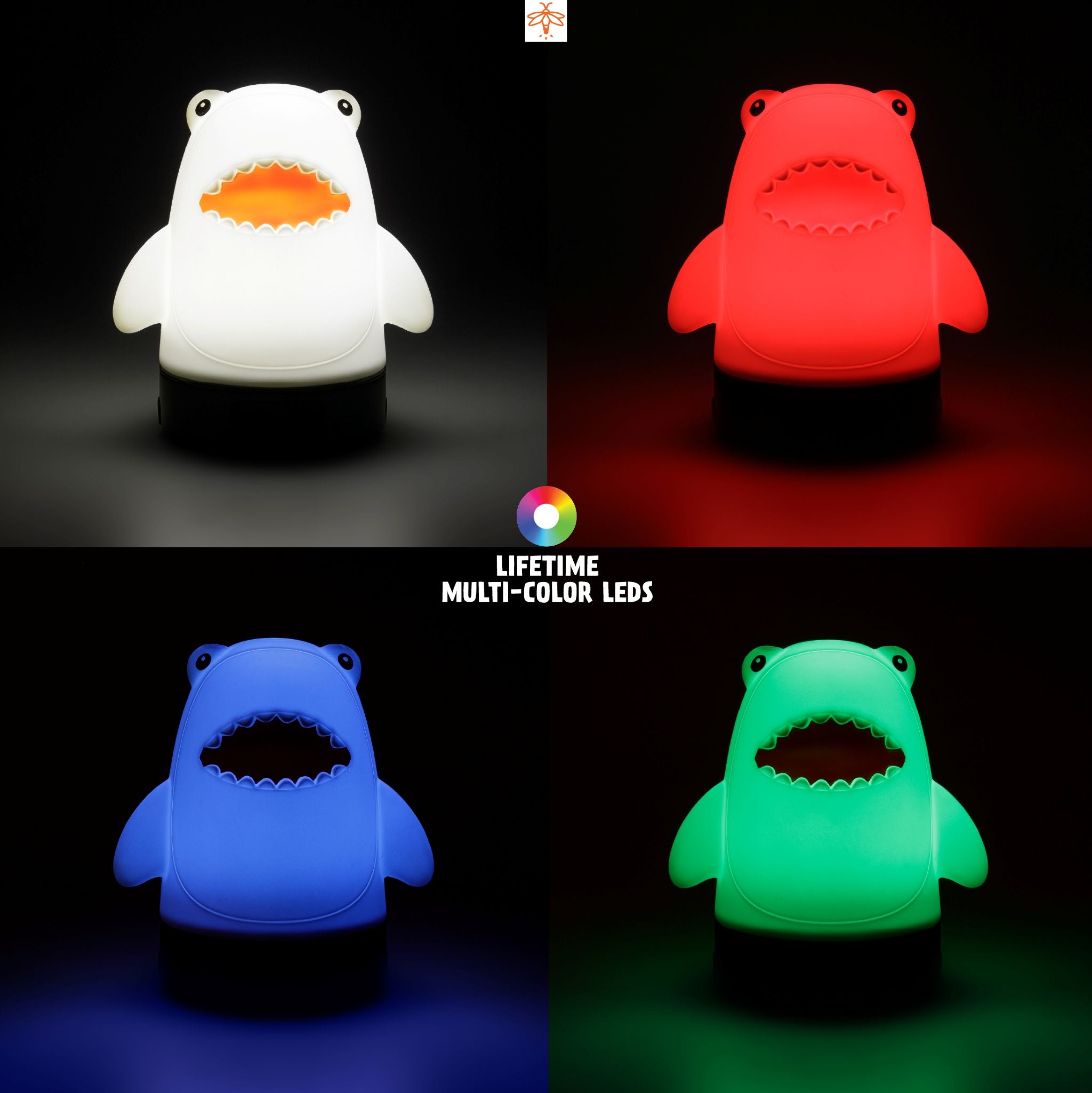 Four shark-shaped night lights in white, red, blue, and green with multicolor LED feature.