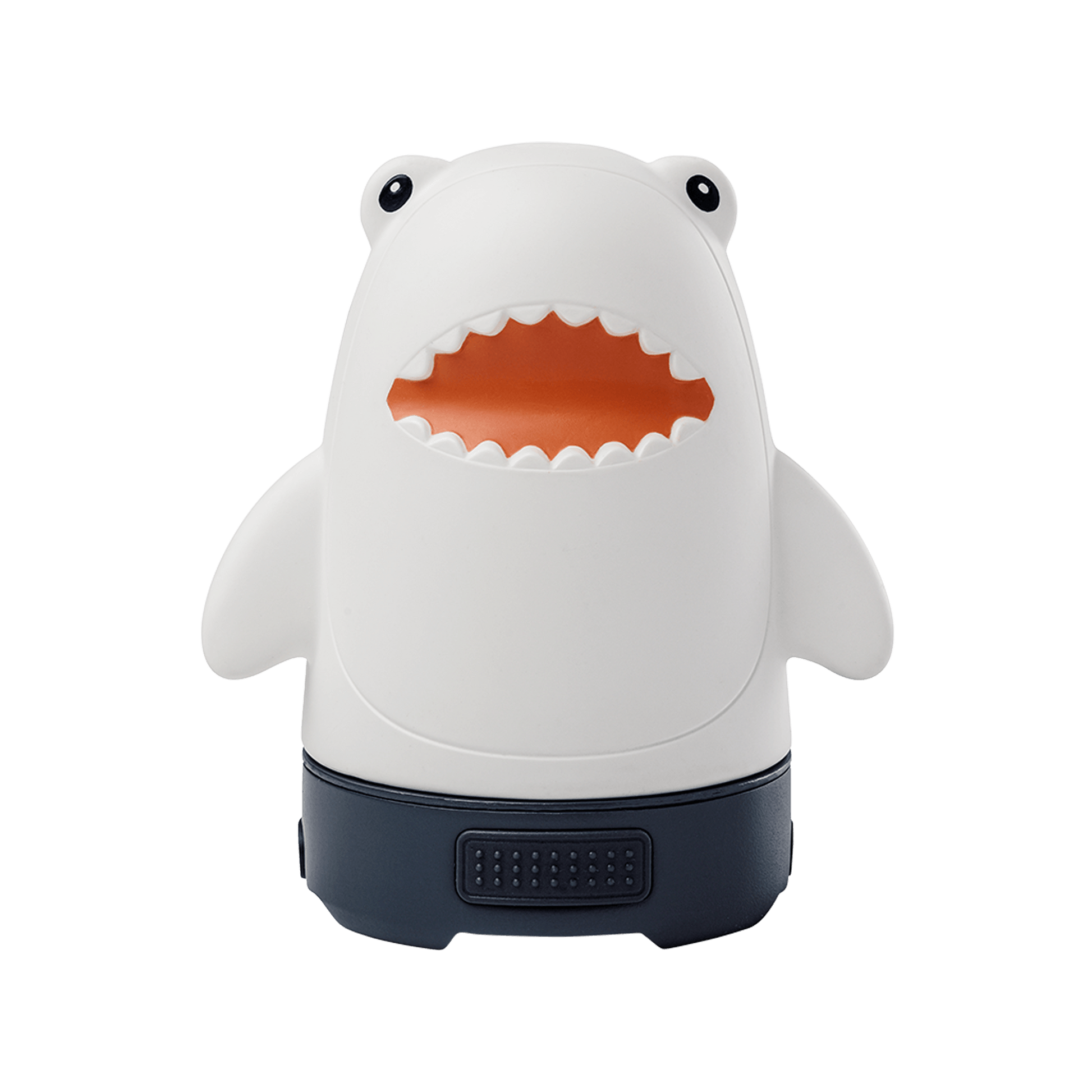 Shark-shaped night light with a black base on a white background.