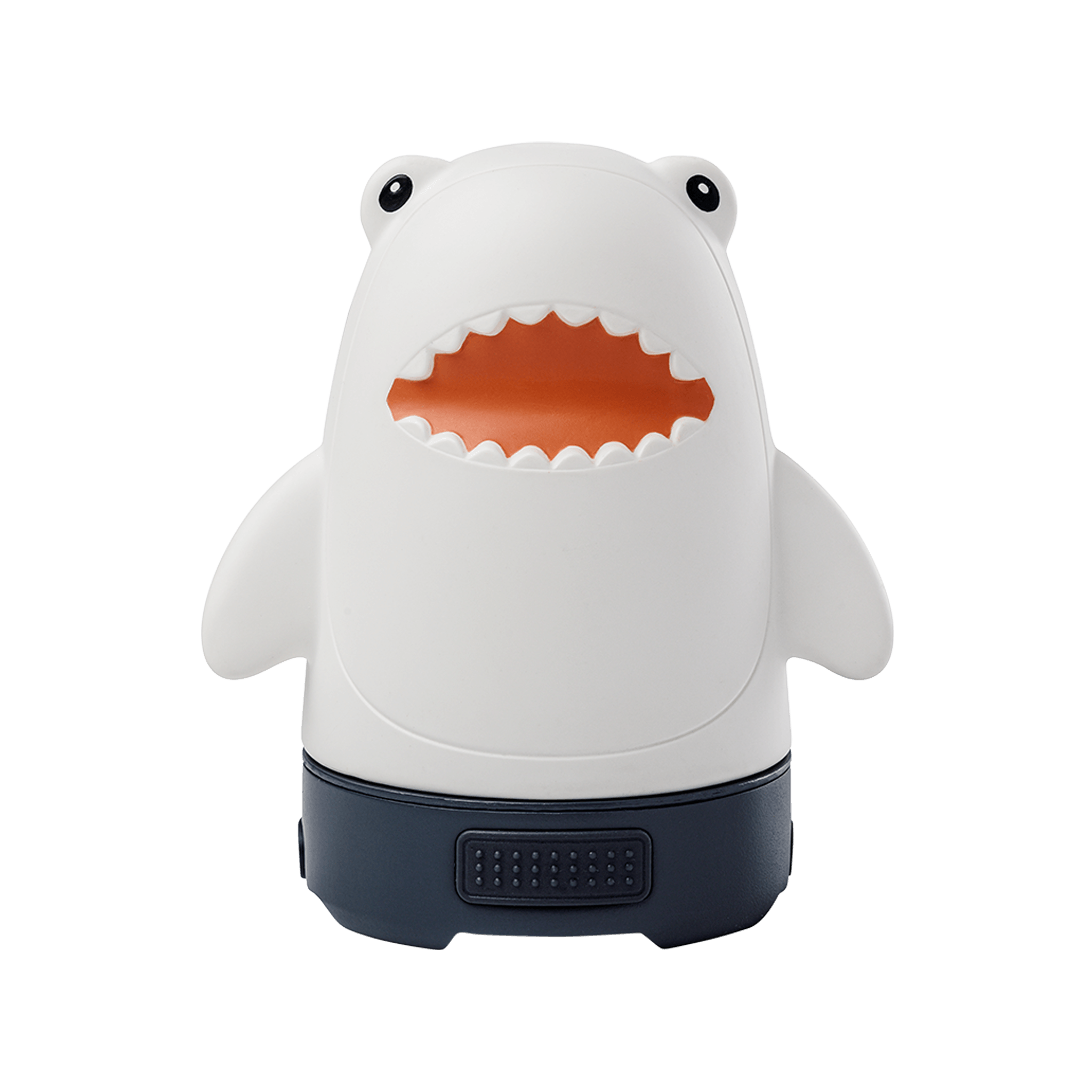 Shark-shaped night light with a black base on a white background.
