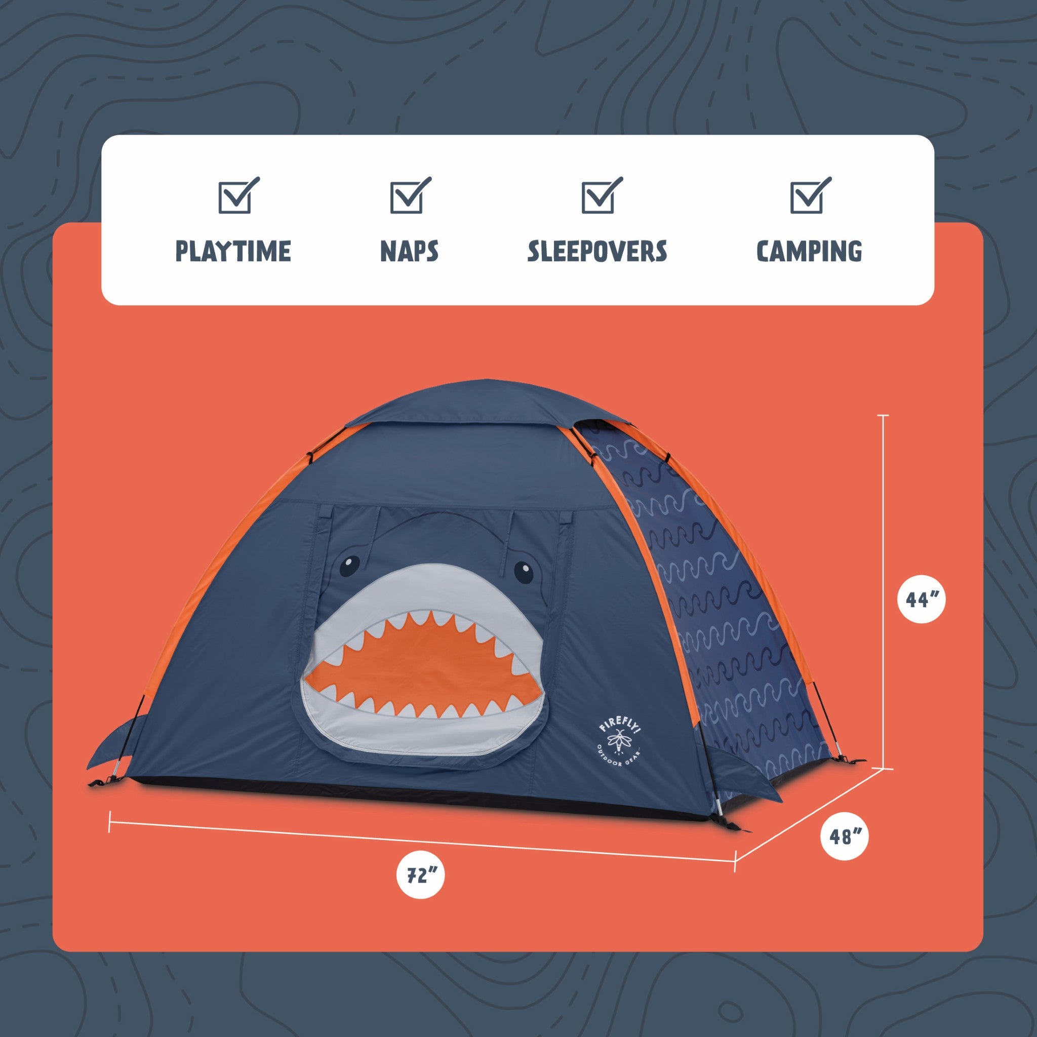 A children's dome tent with a shark face graphic on the front, shown with dimension labels (72 x 48 x 44 inches) and feature icons for playtime, naps, sleepovers, and camping on an orange and dark blue graphic background.