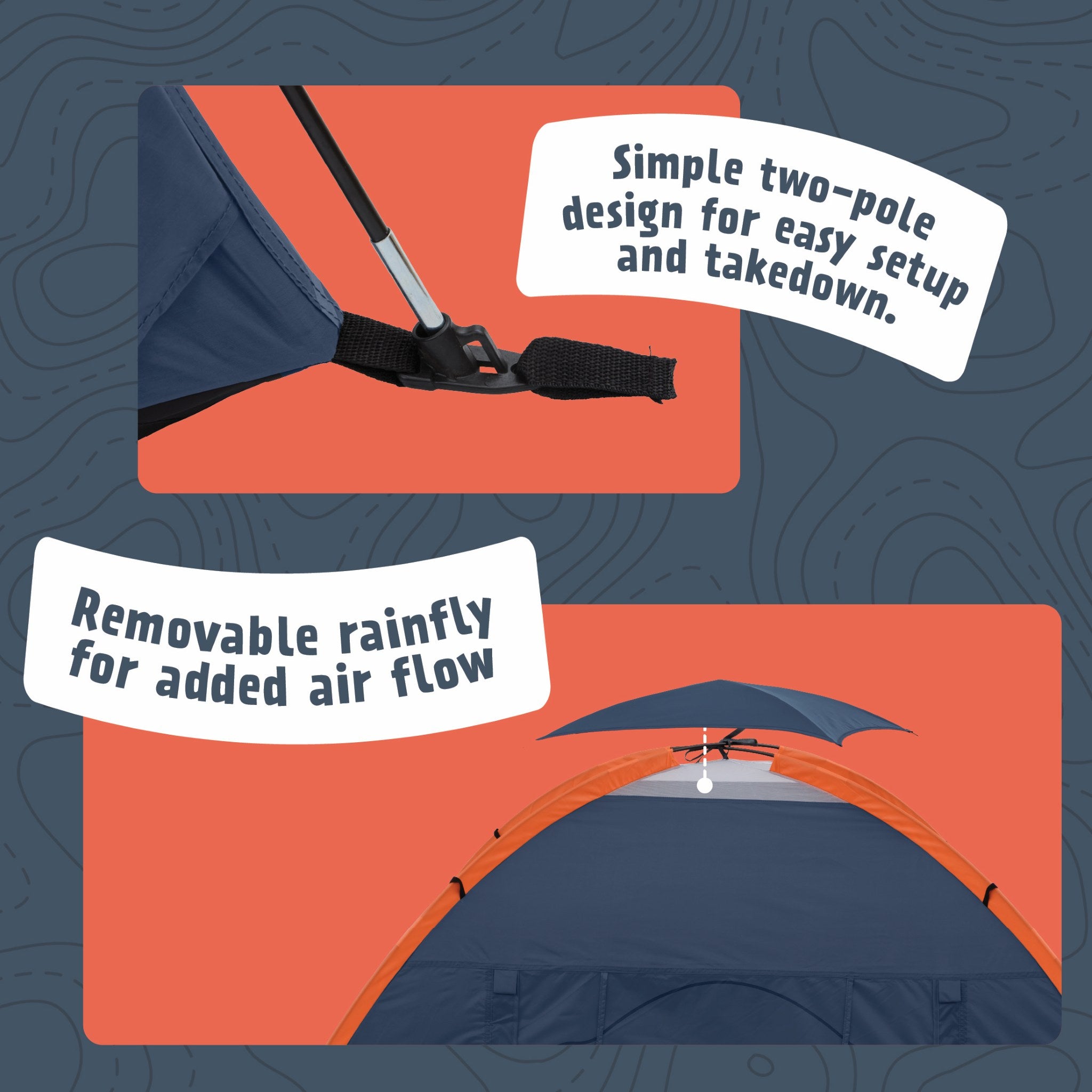 Promotional graphic for a camping tent showing two inset product detail views with text callouts: one about the simple two-pole design for easy setup and takedown, and another about a removable rainfly for added airflow. The tent is dark navy blue with orange trim, set against a muted blue-gray topographic background.
