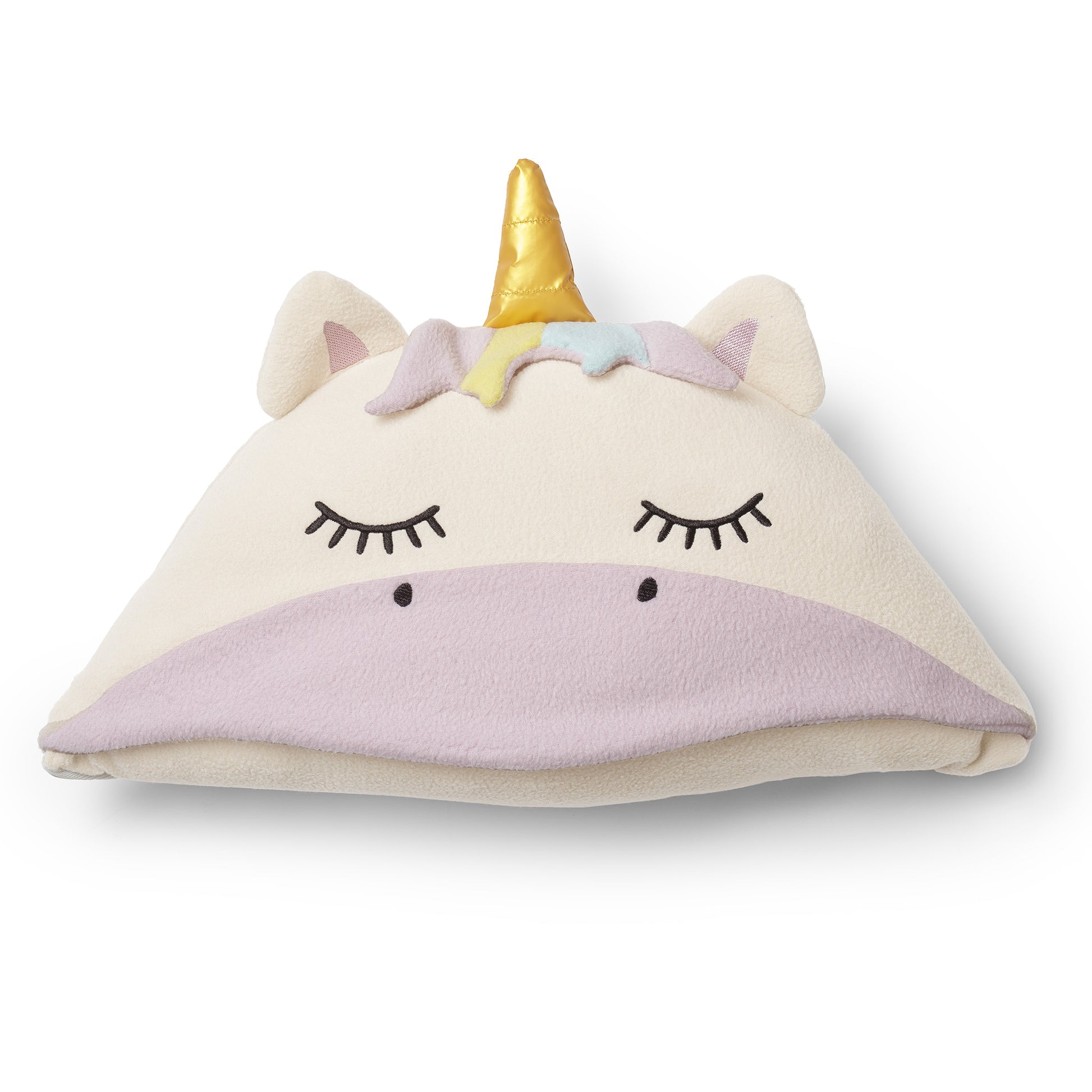 Unicorn-shaped pillow folded up.