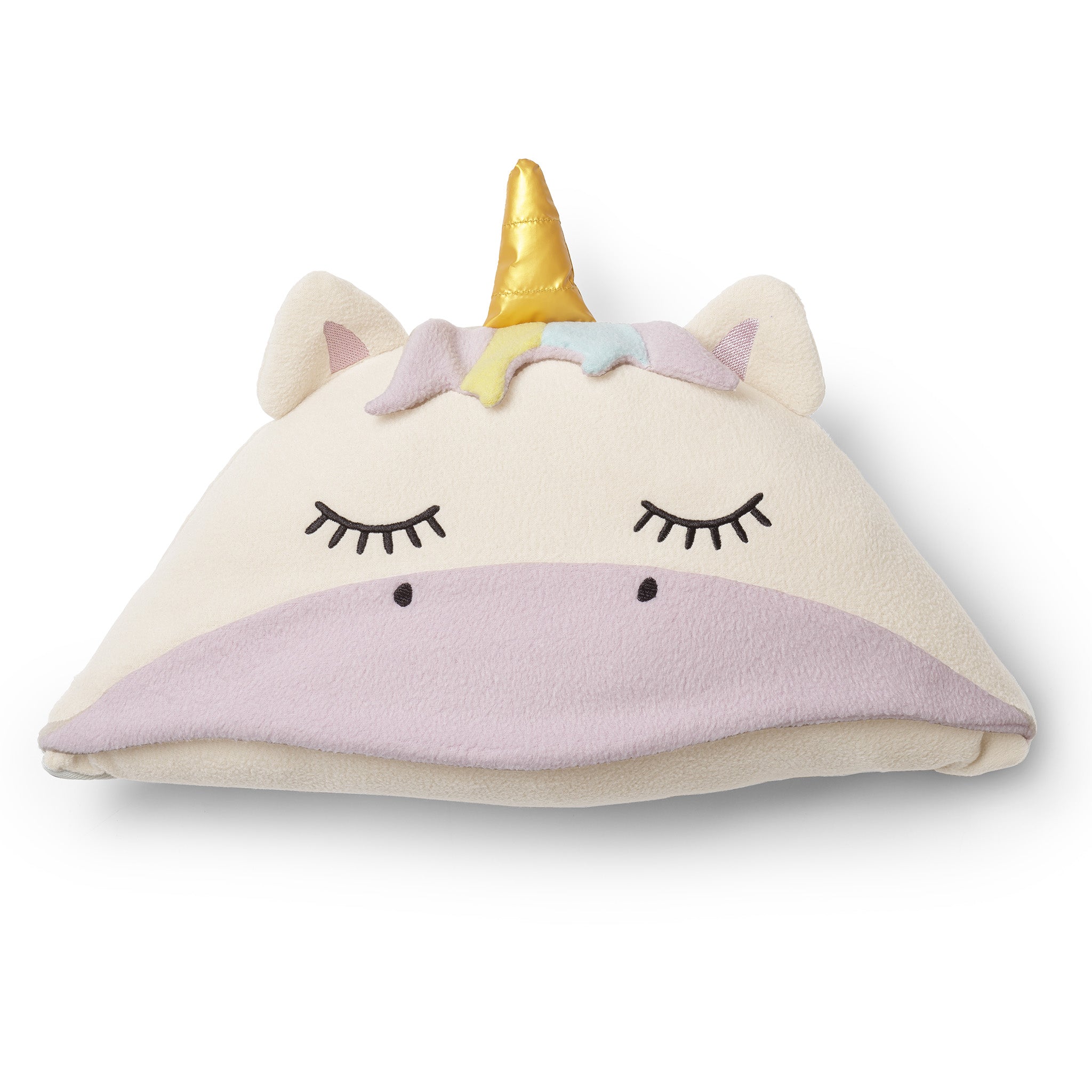 Unicorn-shaped pillow folded up.