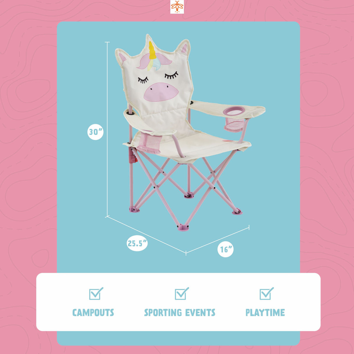 A unicorn-themed folding camp chair with a cream fabric body, pink frame, and a horn detail, shown with dimension labels (30 inches tall, 25.5 inches wide, 16 inches deep) on a pink and light blue graphic background.