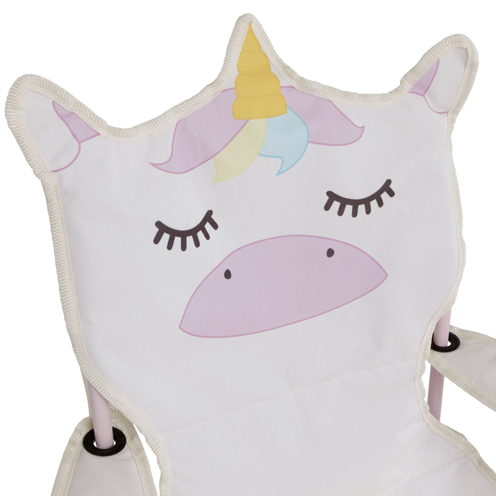 A close-up of a white fabric chair pad or cushion with a stylized unicorn design.