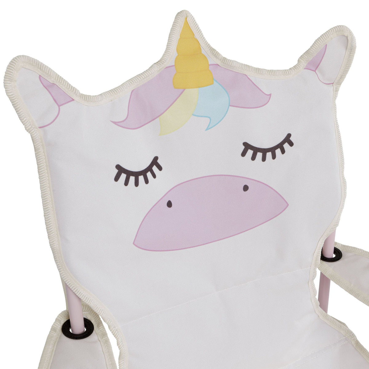 A close-up of a white fabric chair pad or cushion with a stylized unicorn design.