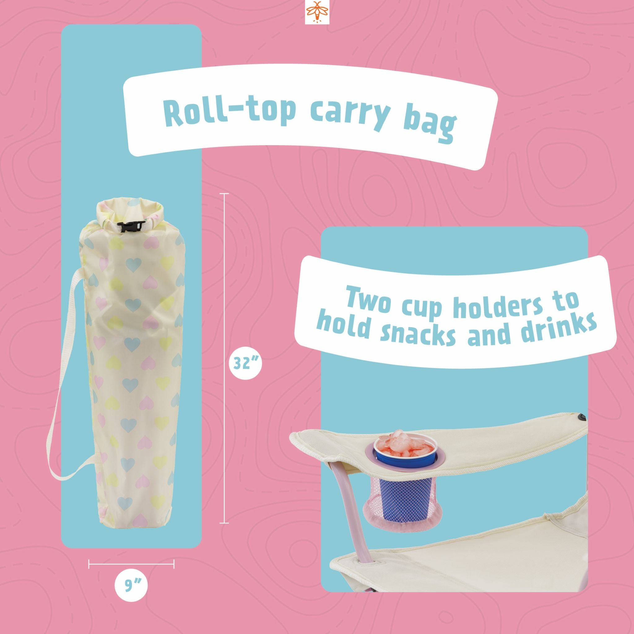 A roll-top carry bag shown on a pink graphic background with informational text. The bag is light cream with pastel blue and yellow heart patterns and is labeled 32 inches tall by 9 inches wide.