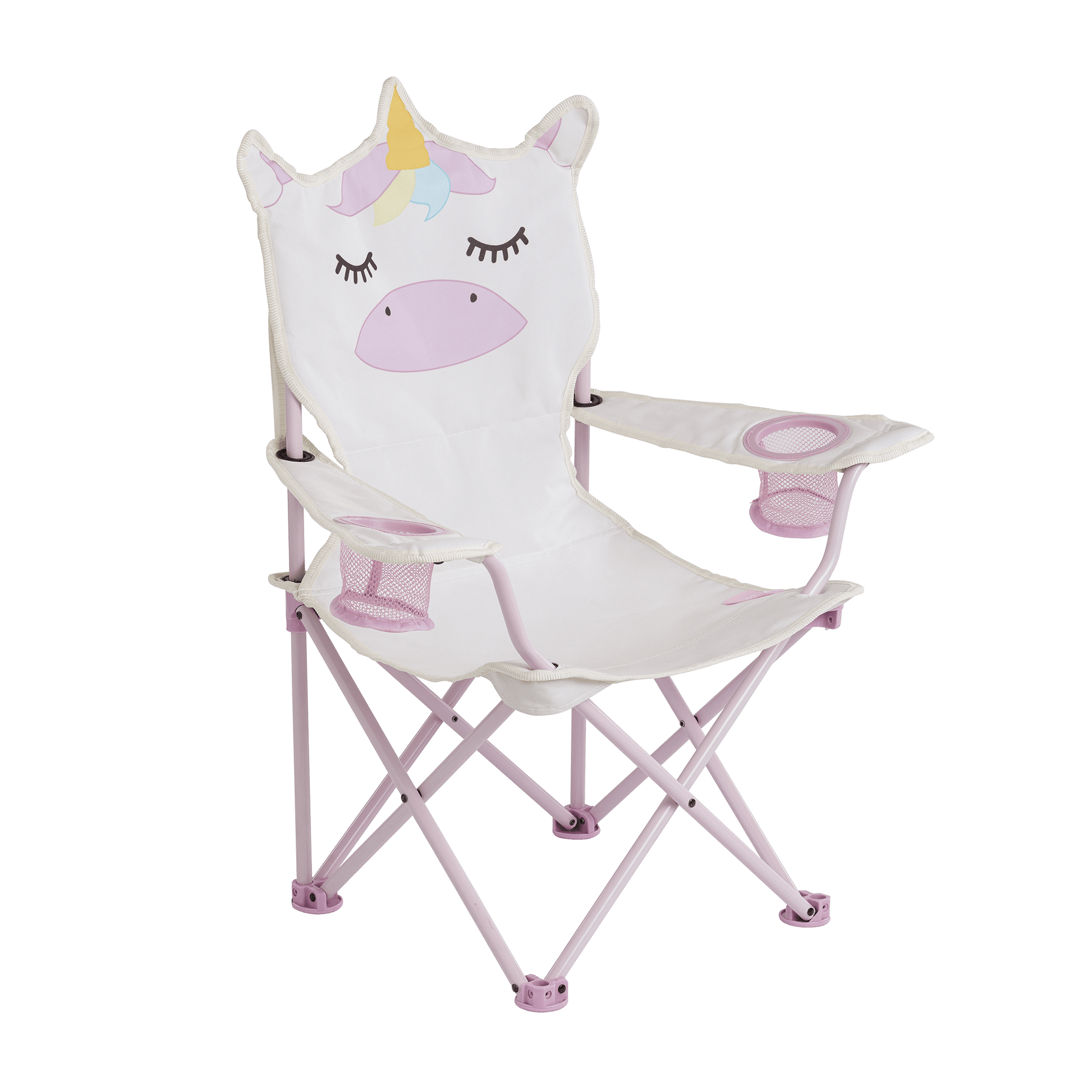 Kids' folding camping chair with a playful unicorn design, featuring two mesh cup holders and a durable steel frame.