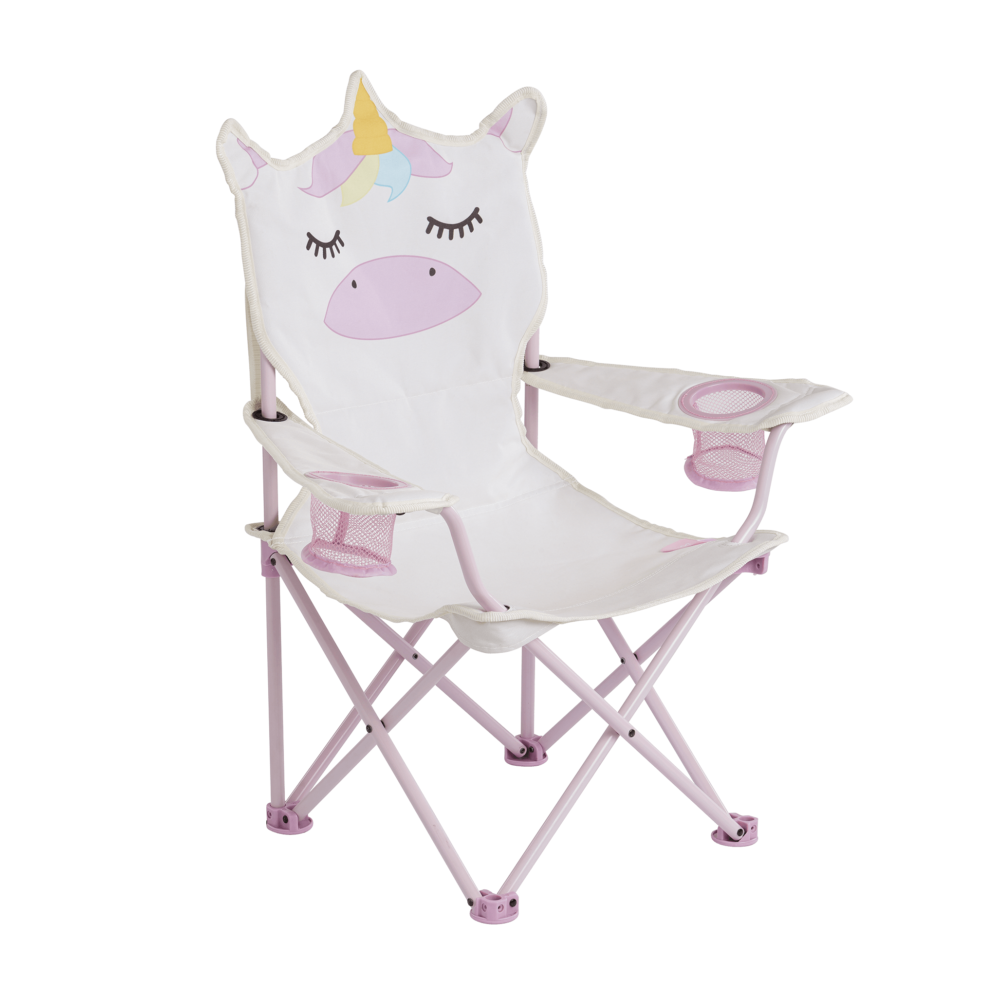 Kids' folding camping chair with a playful unicorn design, featuring two mesh cup holders and a durable steel frame.