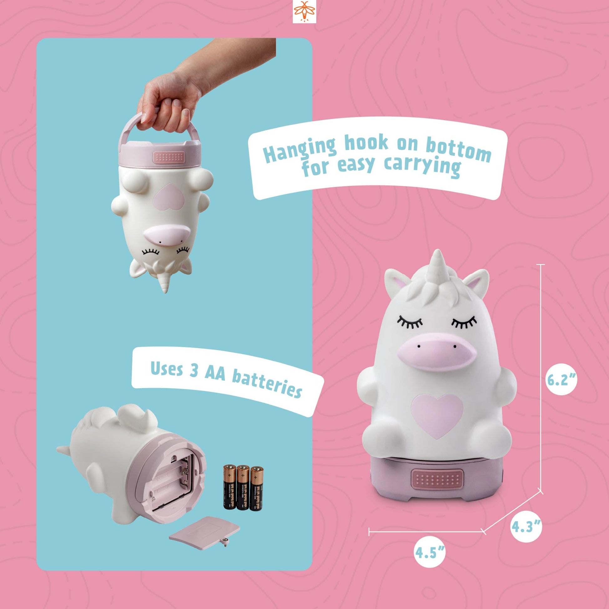 Unicorn-shaped lantern with hanging hook and battery information on an blue and pink background.