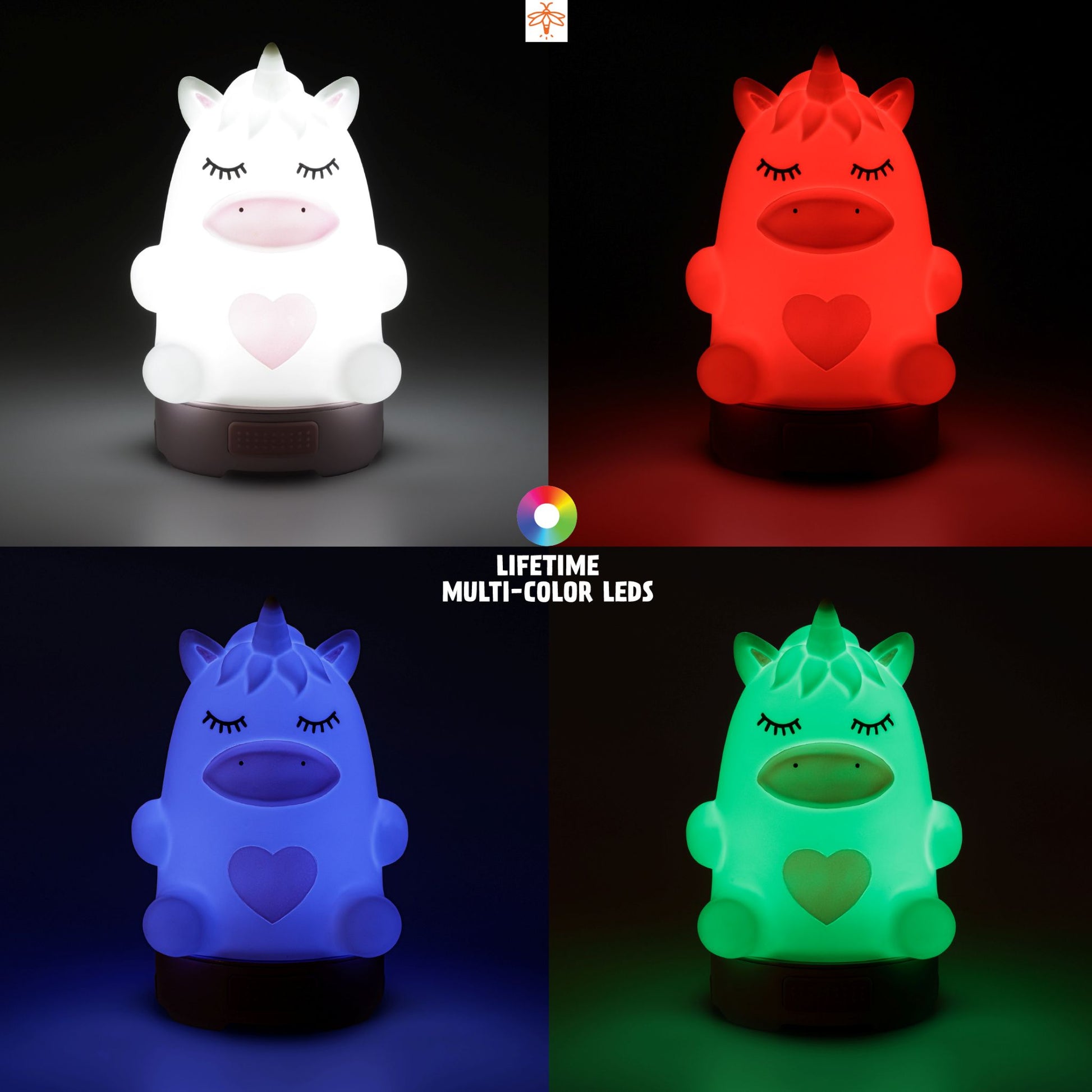 Four unicorn-shaped night lights in white, red, blue, and green with multicolor LED feature.